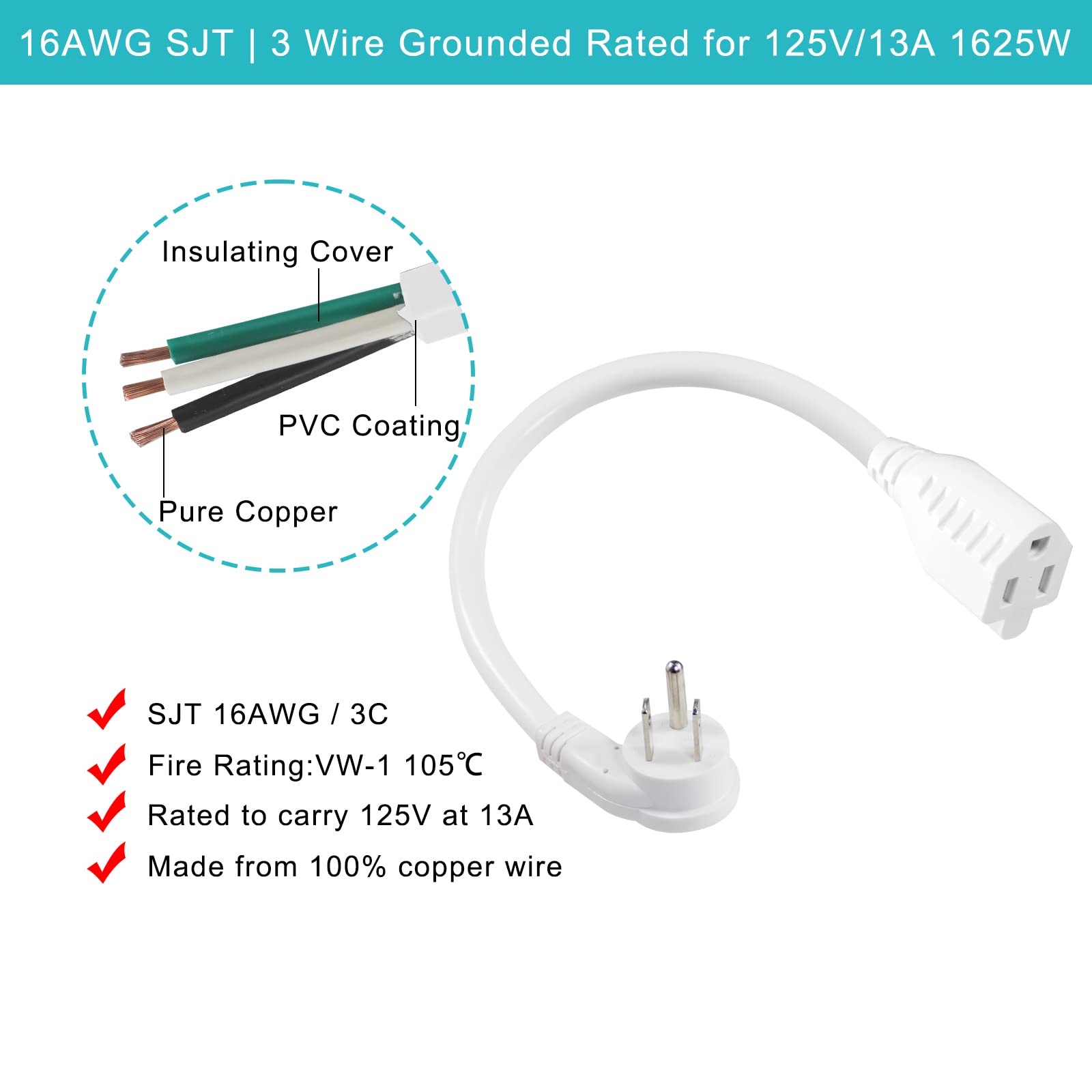 [1 Pack] 8inch Short Power Extension Cord with Flat Plug- White Low Profile Flat Plug Short 3Prong Grounded Indoor Extension Cord,1625W 16AWG AC Small Home Appliance Extension Cord with Flat Head - Image 5