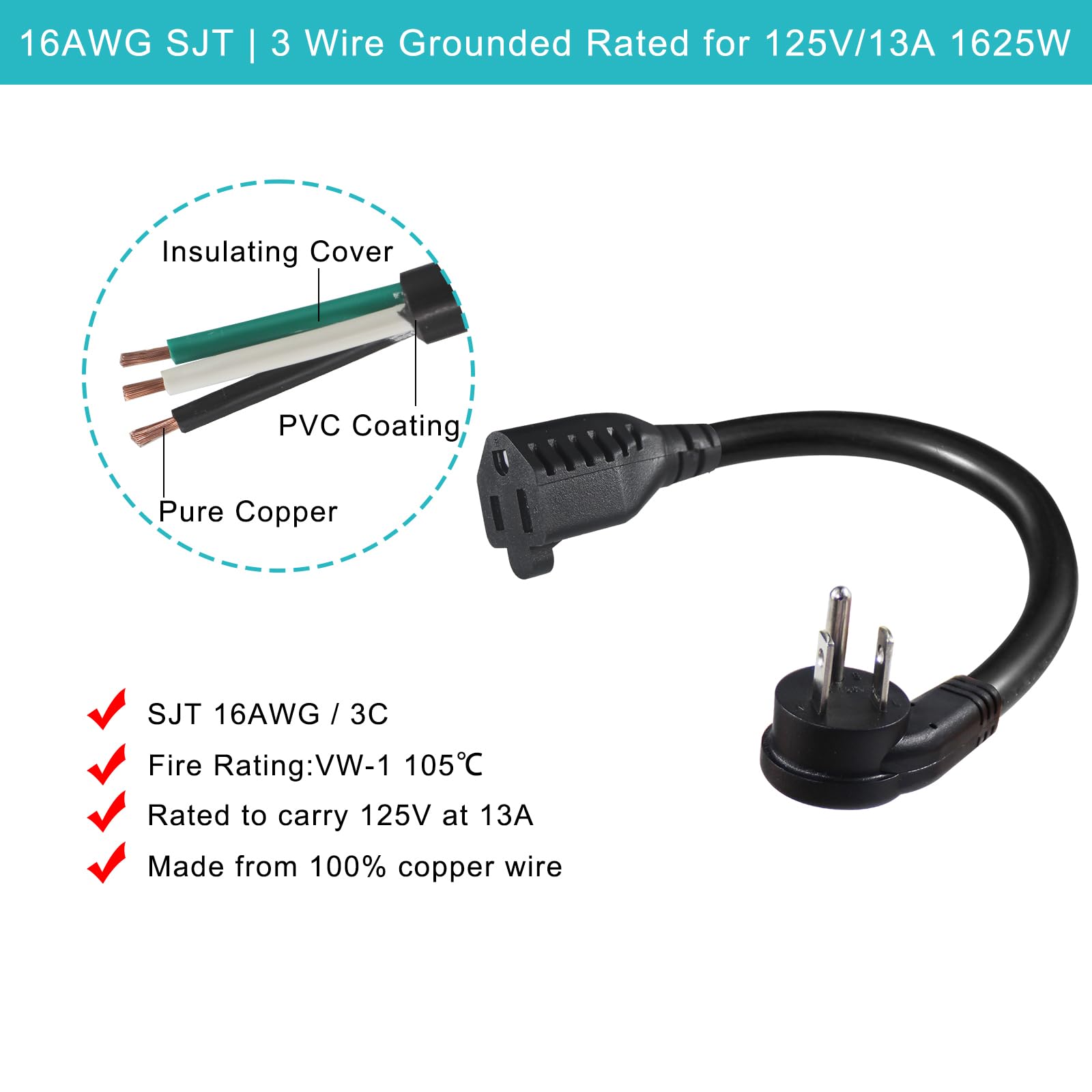 [1 Pack] Flat Plug Short Power Extension Cord - 6inch Black Low Profile Flat Head 3 Prong Grounded Indoor Extension Cord,16AWG 13amp Household Appliance Electrical Extension Cord with Flat Wall Plug - Image 3