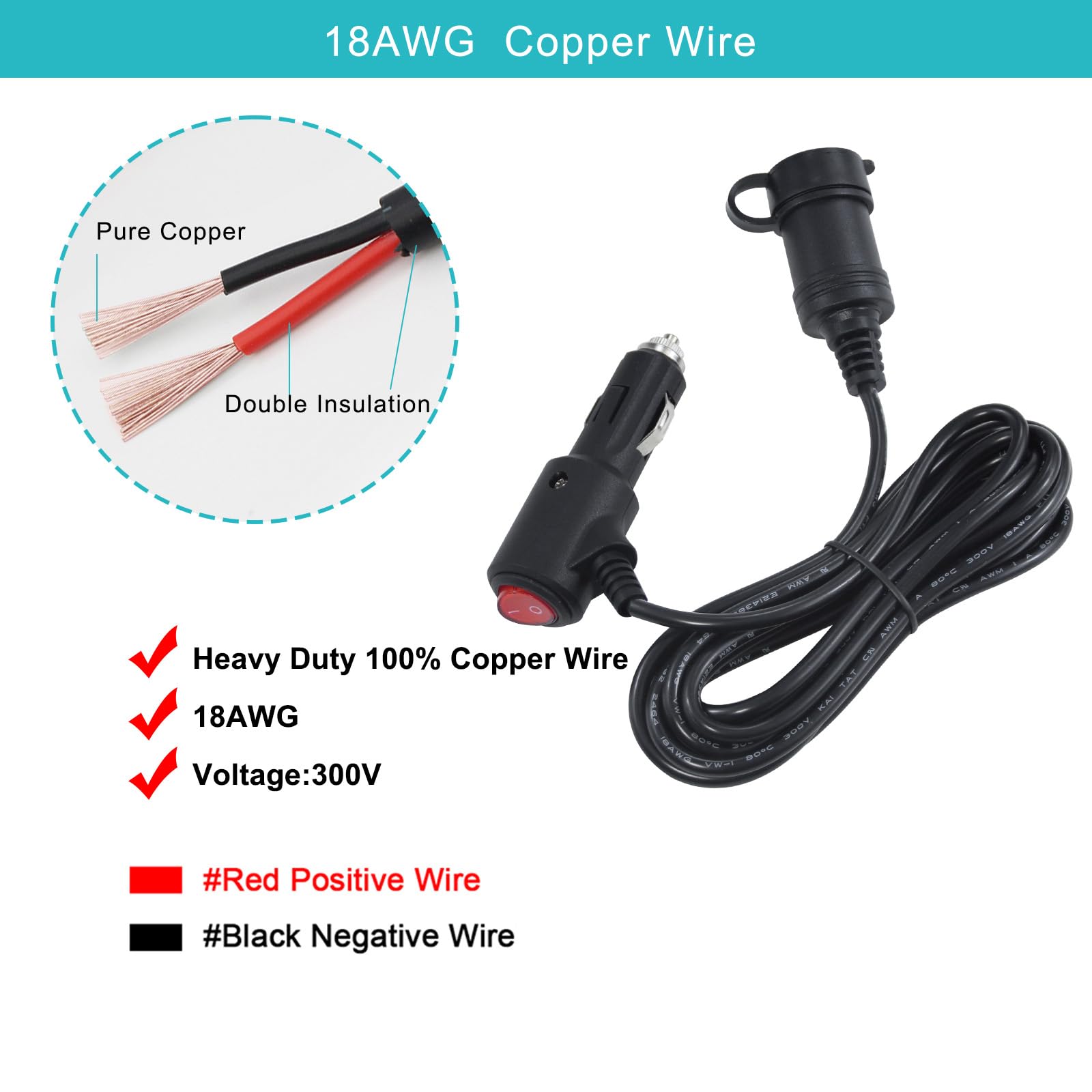 10FT 12volt DC Cigarette Lighter Extension Cord with On Off Switch - Black Car Power Charge Extension Cable with 15A Fuse, Cigar Lighter Male Plug to Female Socket Extender with Cap for Air Compressor - Image 3