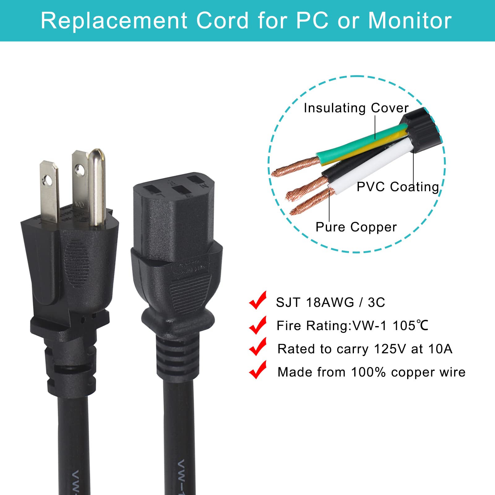 12FT Computer Monitor Replacement Power Cord -Black Long Standard PC Replace AC 3 Prong Power Supply Cord Heavy Duty 18AWG IEC C13 Power Cable NEMA 5-15P to C13 10A 125V for Monitor/TV/Computer - Image 4