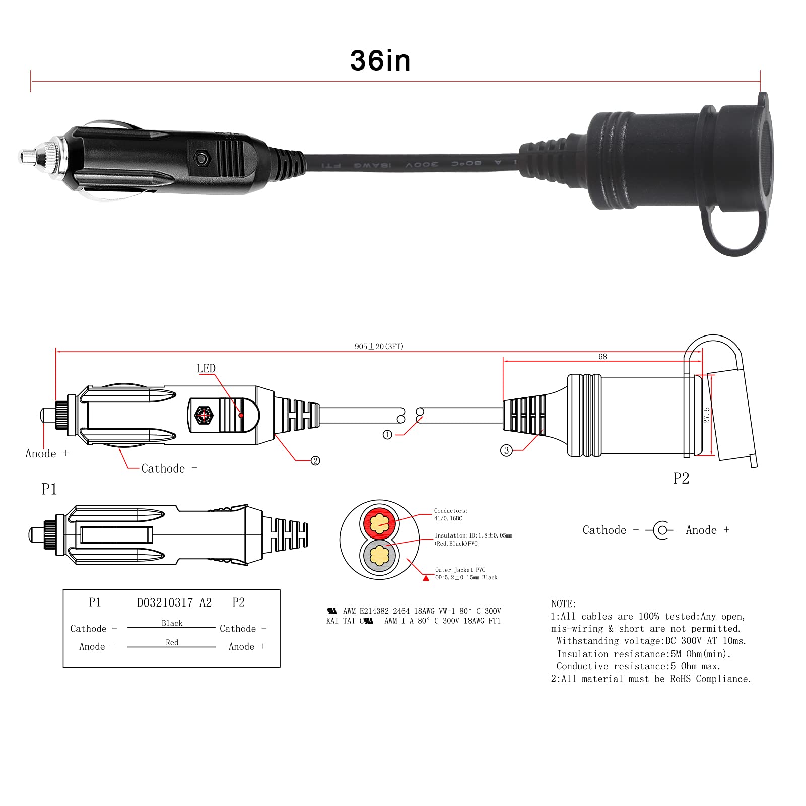 12V Cigarette Lighter Extension Cord 3FT -Car Charger Cigar Lighter Male Plug to Female Socket 18AWG Heavy Duty Extension Cable with LED Lights Extender for Air Compressor Pump and Tire Inflator 15A - Image 2