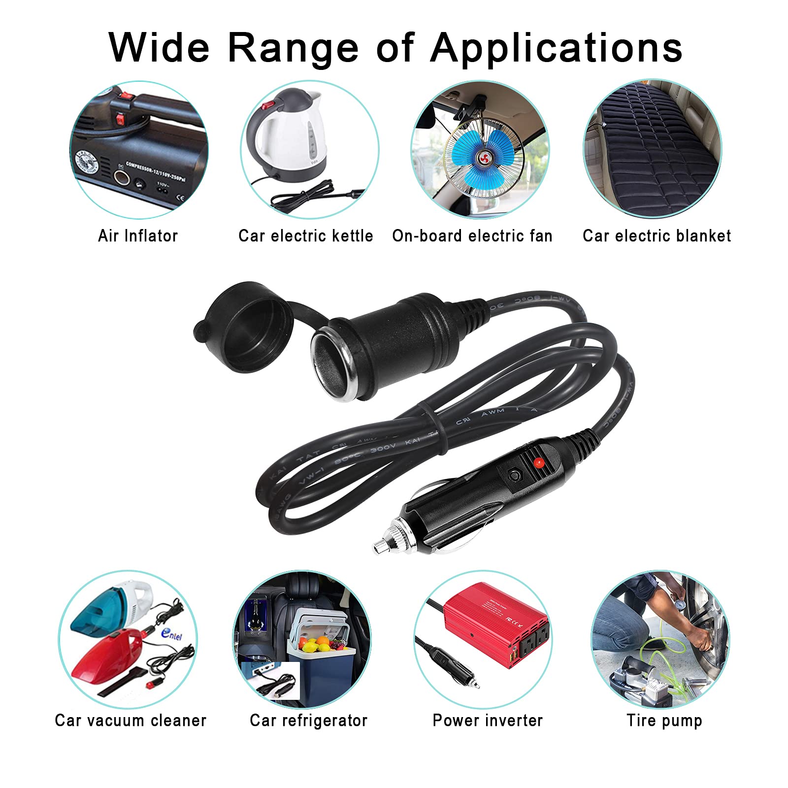 12V Cigarette Lighter Extension Cord 3FT -Car Charger Cigar Lighter Male Plug to Female Socket 18AWG Heavy Duty Extension Cable with LED Lights Extender for Air Compressor Pump and Tire Inflator 15A - Image 7