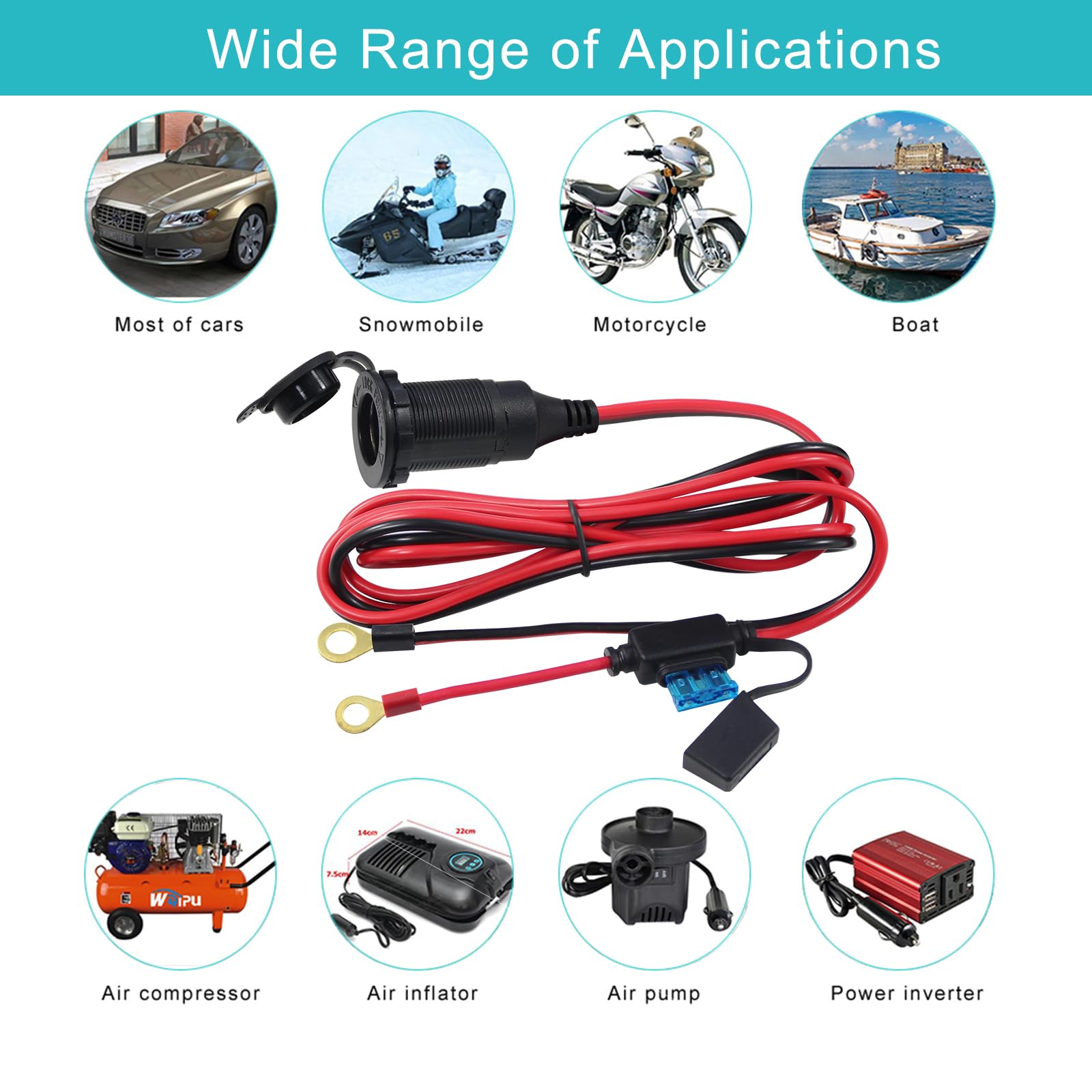 12V Cigarette Lighter Socket Replacement - 5FT DC Cigarette Socket to Battery Eyelet Ring Terminal Cable with 15A Fuse,12 Volt Female Power Outlet Socket with Cover for Marine Boat, Car, RV, ATV - Image 8
