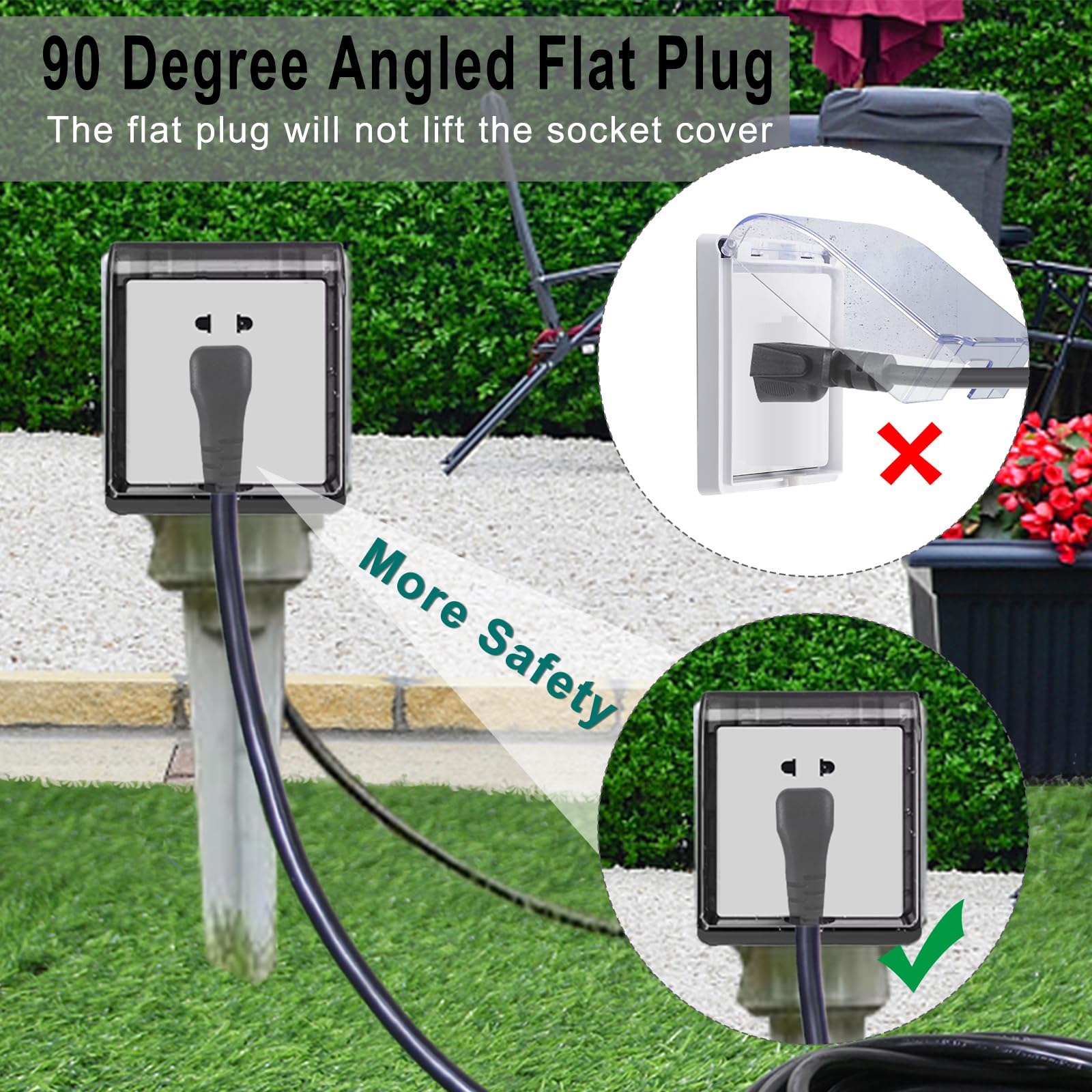 15FT Black Outdoor Extension Cord - SJTW 16AWG Weatherproof Grounded 3Prong Extension Cord with 90 Degree Flat Plug,1625W Flexible Outside Landscape Exterior Extension Cable for Outdoor Appliance - Image 3