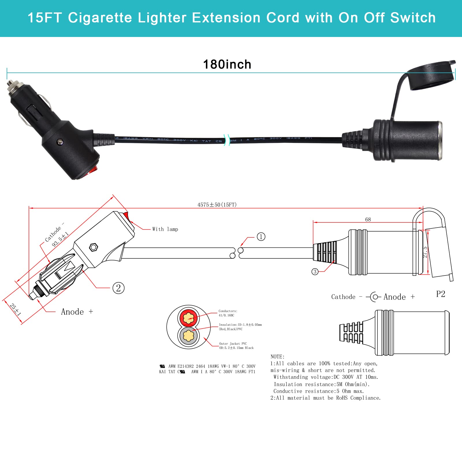 15FT Cigarette Lighter Extension Cord with On Off Switch - Car Cigarette Lighter Male Plug to Female Socket 18AWG Heavy Duty Extension Cable with Switch, Built-in 15A Fuse for Air Compressor Pump - Image 5