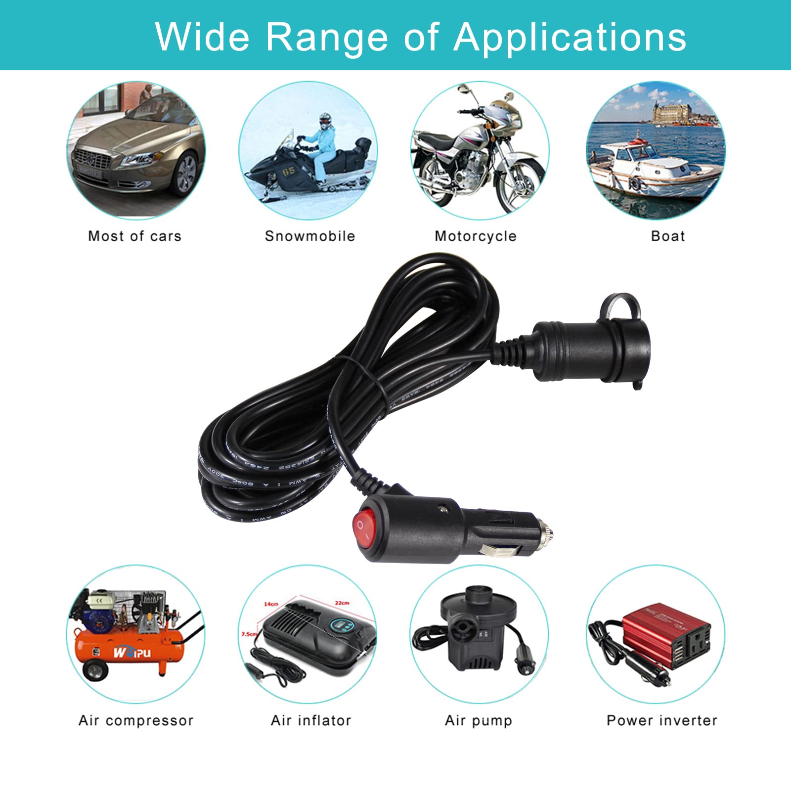 15FT Cigarette Lighter Extension Cord with On Off Switch - Car Cigarette Lighter Male Plug to Female Socket 18AWG Heavy Duty Extension Cable with Switch, Built-in 15A Fuse for Air Compressor Pump - Image 7