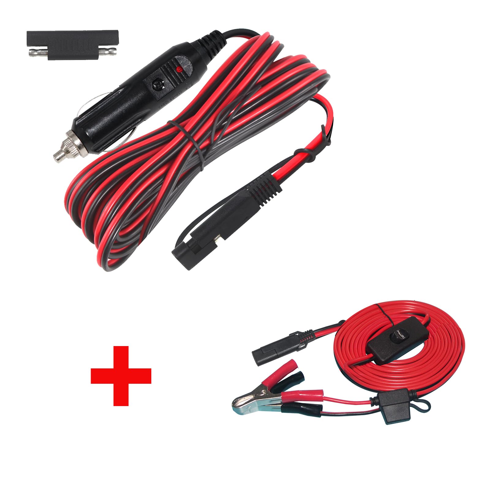 15FT Cigarette Lighter Plug to SAE Quick Release Extension Battery Charging Power Cord and 10FT 12V Battery Alligator Clip to SAE 2Pin Quick Disconnect Cable