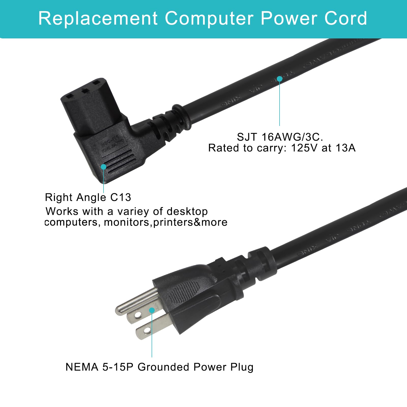 1FT Right Angle Computer Power Cord - NEMA 5-15 Plug to IEC C13 Power Cord,Universal PC Power Supply Cord, 16AWG, Black C13 3 Prong Angled AC Cord for PC Monitor/TV - Image 3
