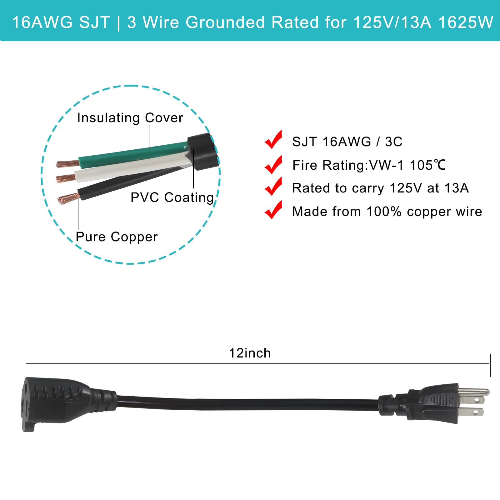 1FT Short Power Extension Cord 1FT - Short 3 Prong Extension Cord Outlet Saver Indoor SJT 16 AWG Heavy Duty 1 Foot AC Power Extensions Cable with NEMA 5-15P to NEMA 5-15R Connector (1PACK) - Image 2