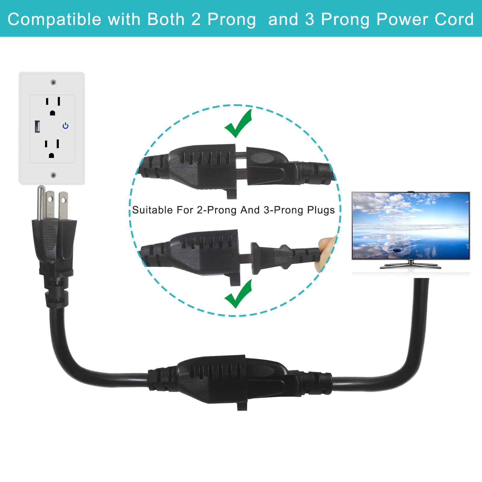 1FT Short Power Extension Cord 1FT - Short 3 Prong Extension Cord Outlet Saver Indoor SJT 16 AWG Heavy Duty 1 Foot AC Power Extensions Cable with NEMA 5-15P to NEMA 5-15R Connector (1PACK) - Image 3