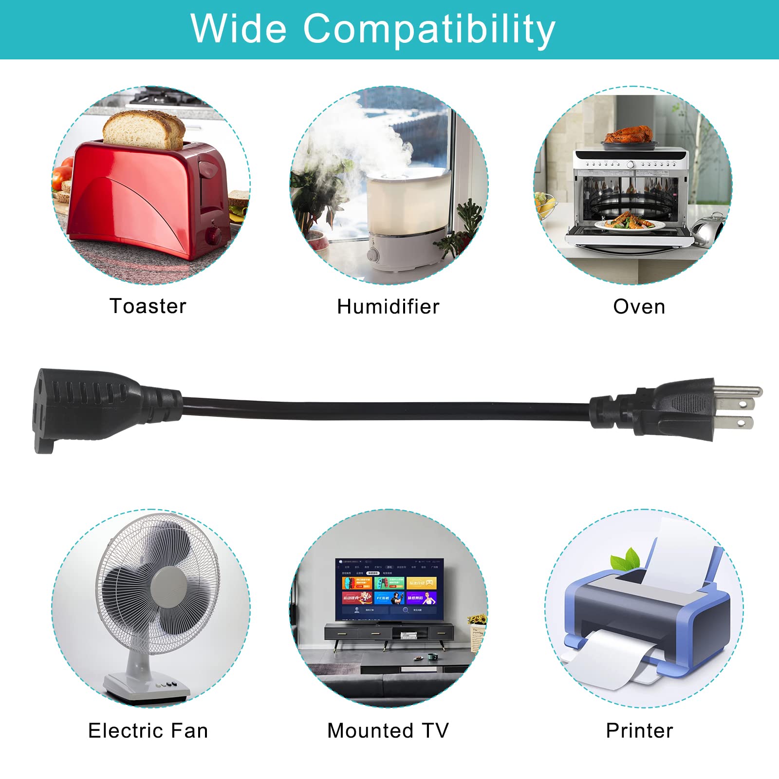 1FT Short Power Extension Cord 1FT - Short 3 Prong Extension Cord Outlet Saver Indoor SJT 16 AWG Heavy Duty 1 Foot AC Power Extensions Cable with NEMA 5-15P to NEMA 5-15R Connector (1PACK) - Image 6