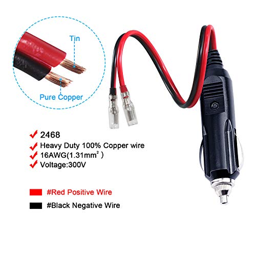 [2 PACK] 12v 12Volt Replacement Cigarette Lighter Male Plug with Leads - Car Adapter Dc Battery Charger Kit Connectors Cigar Plugs Power Supply Accessories Heavy Duty Cord Auto Cable Led Light 15Amp - Image 2
