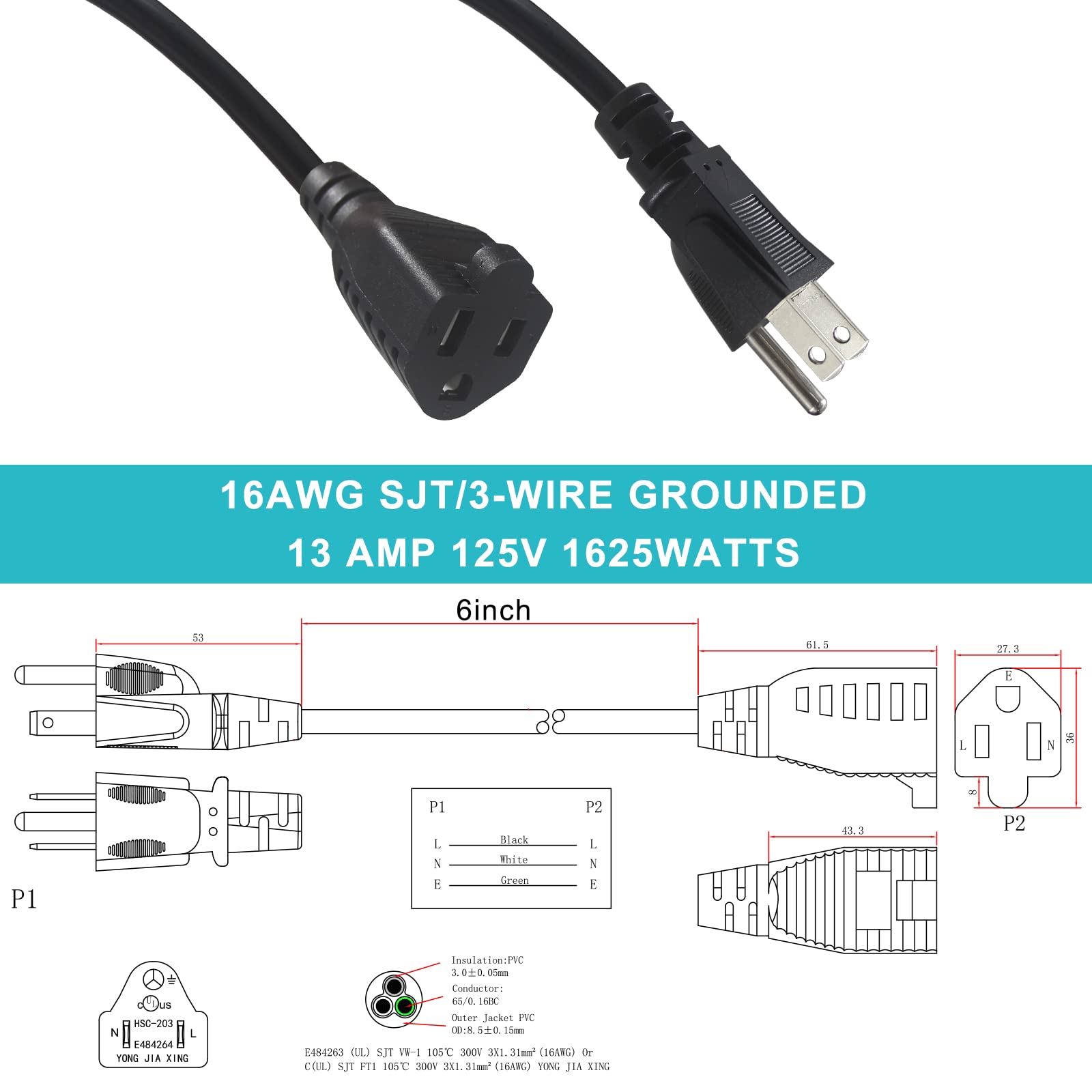 [2 Pack] Short Power Extension Cord 6inch - Black 3 Prong Mini Indoor Grounded Extension Cord,16AWG Small Electrical AC Extension Cord for Outlet Saver,Rated for 13AMP Home Appliance Extender Lead - Image 2