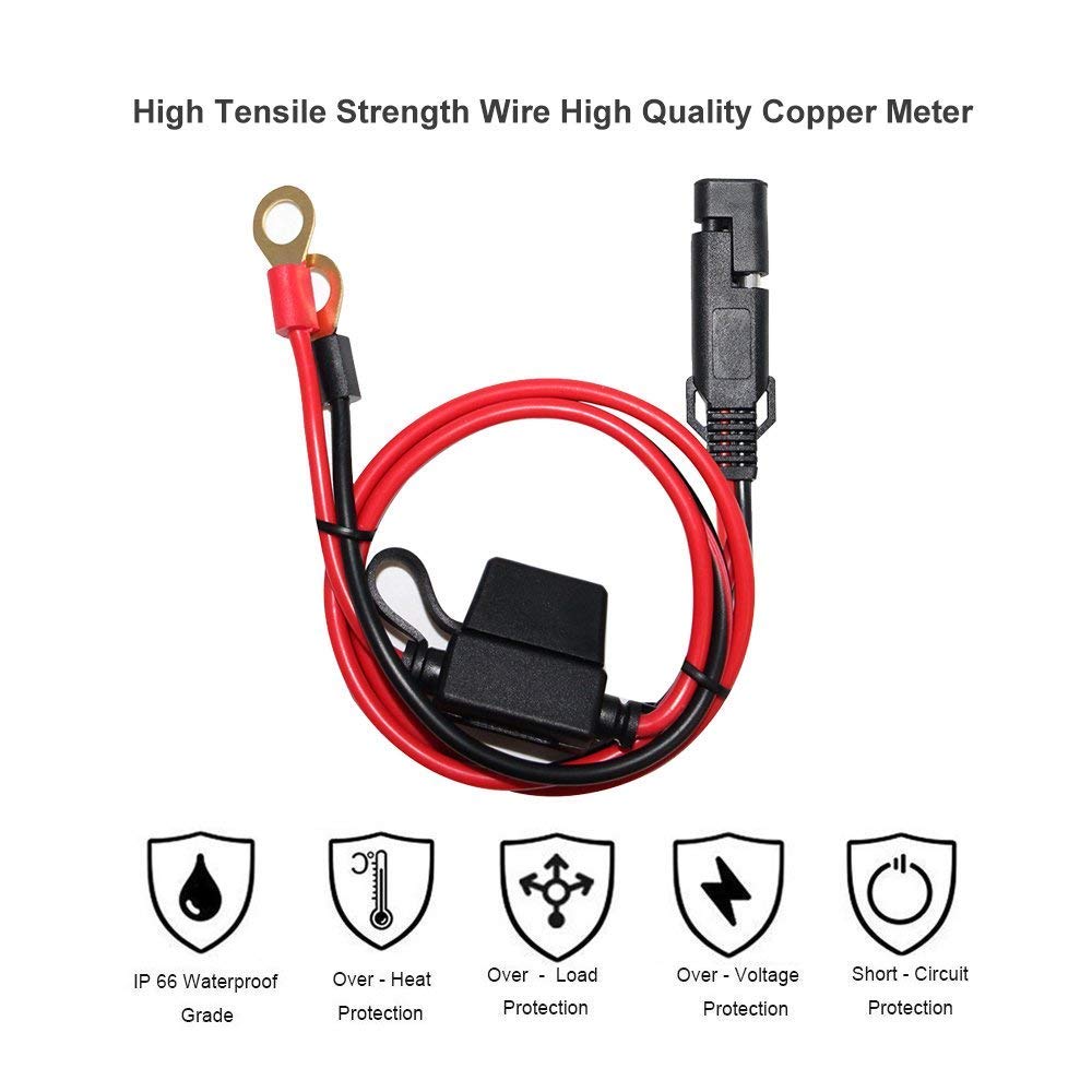 [2 PACK] SPARKING 2FT Motorcycle Battery Charger Cord, Sae to O Ring Terminal Quick Disconnect Assembly Extension Cable, Sae 2Pin Wire Harness Reverse Polarity Adapter Port Accessory, 10A Fuse - Image 2