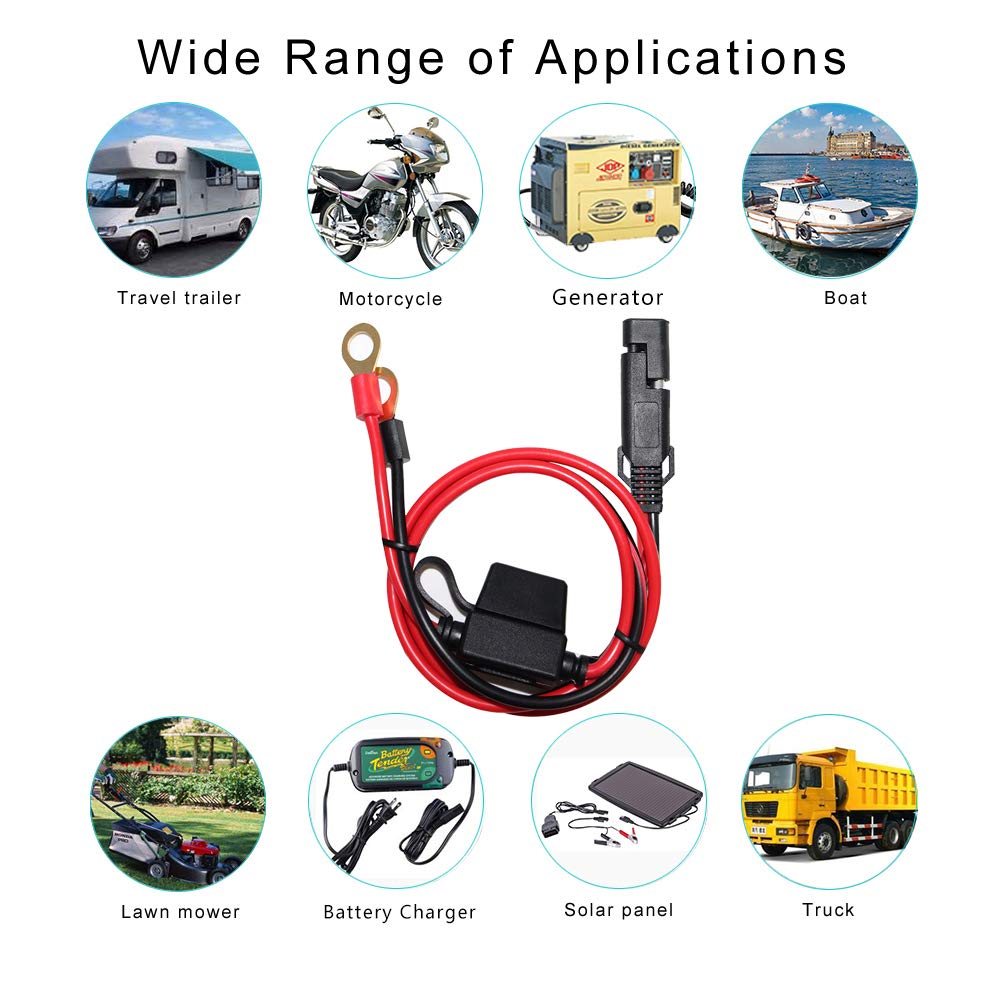 [2 PACK] SPARKING 2FT Motorcycle Battery Charger Cord, Sae to O Ring Terminal Quick Disconnect Assembly Extension Cable, Sae 2Pin Wire Harness Reverse Polarity Adapter Port Accessory, 10A Fuse - Image 7