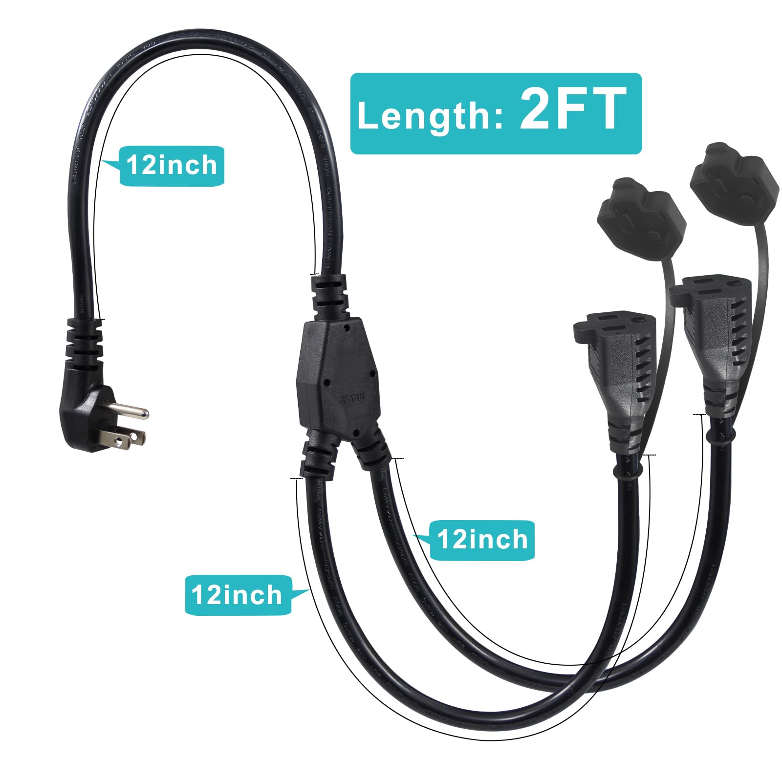 2FT Outdoor Extension Cord Splitter - 90-Degree Flat Plug Black 2 Way Waterproof Power Cord Y Splitter,1 to 2 Extension Cord, 125V 13 AMP 16AWG Short 3 Prong Extender Cord with 2 Outlets - Image 2