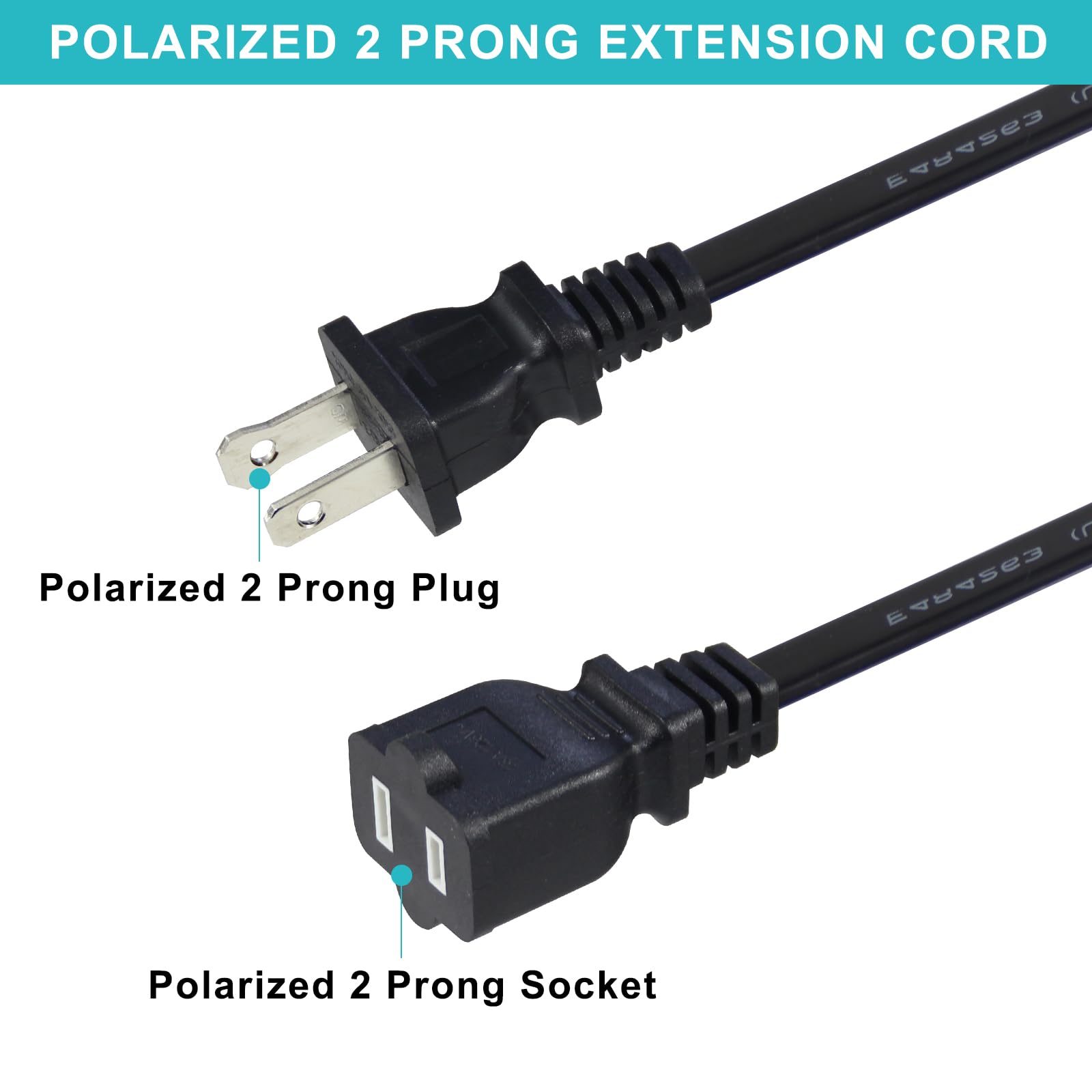 2FT Polarized 2Prong Extension Cord - Black Replacement US AC Two Prong 13A 125V Power Extension Cable, Short Small Low Profile Flat Wall Appliance Power Cord for Outlet Saver, Christmas Light - Image 3