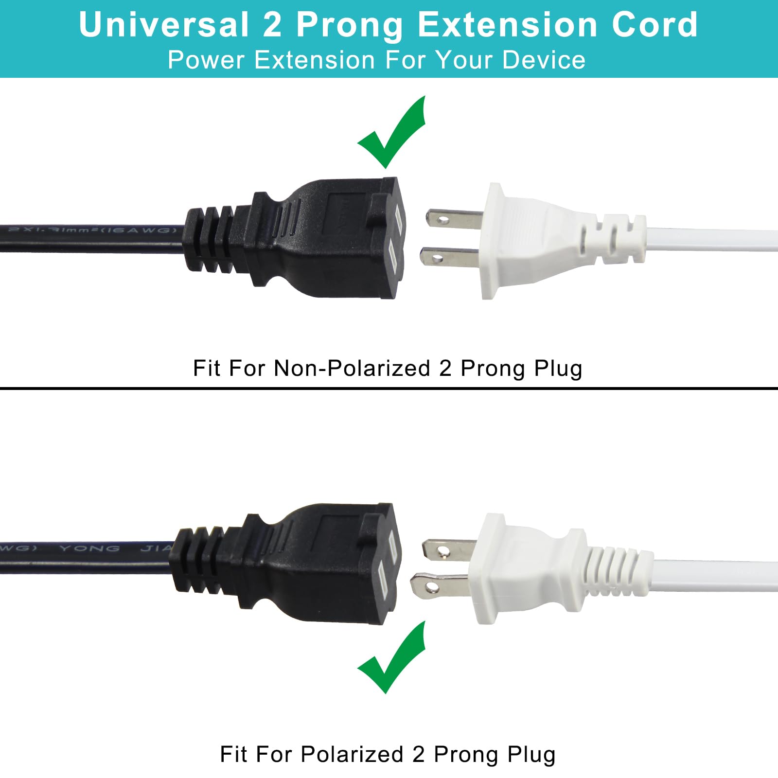 2FT Polarized 2Prong Extension Cord - Black Replacement US AC Two Prong 13A 125V Power Extension Cable, Short Small Low Profile Flat Wall Appliance Power Cord for Outlet Saver, Christmas Light - Image 4