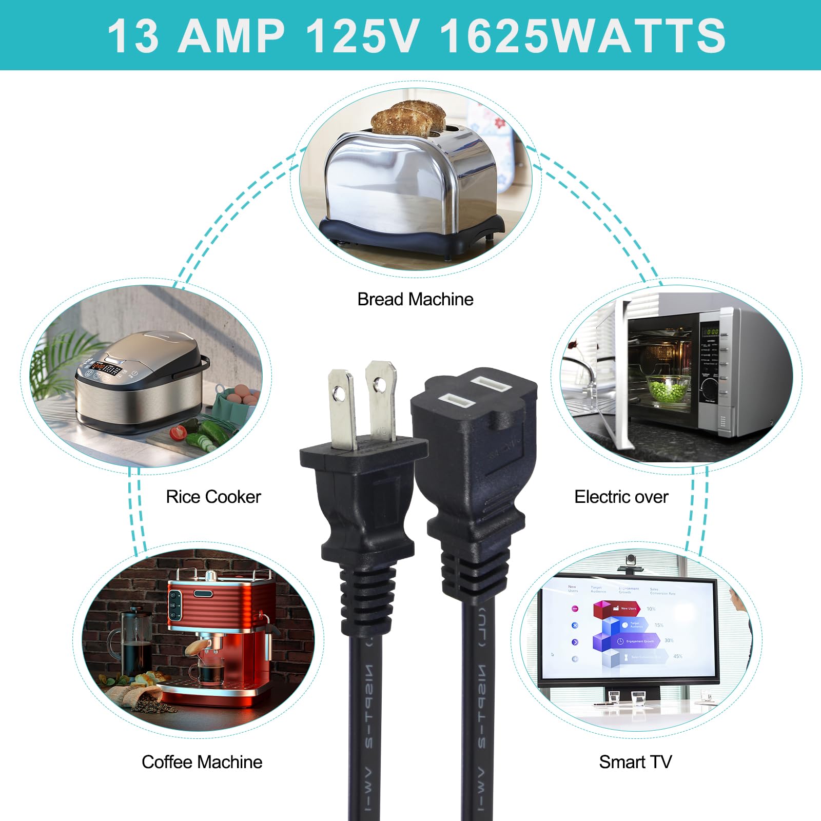 2FT Polarized 2Prong Extension Cord - Black Replacement US AC Two Prong 13A 125V Power Extension Cable, Short Small Low Profile Flat Wall Appliance Power Cord for Outlet Saver, Christmas Light - Image 9