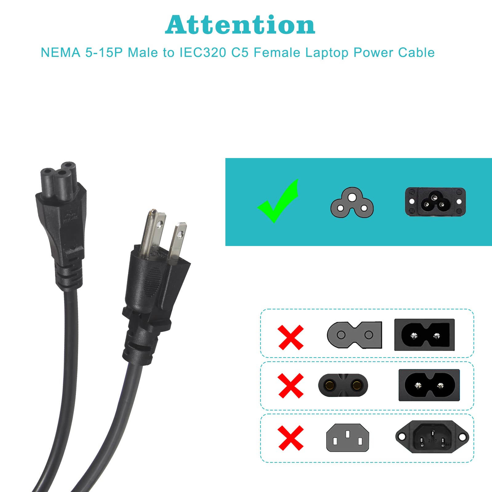 2FT Replacement Laptop AC Power Cord - Universal 3Prong Replacement Computer Power Cable 18AWG Heavy Duty NEMA 5-15P to C5 Replaced 3-Slot C5 Cord Power Supply to PC - Image 4