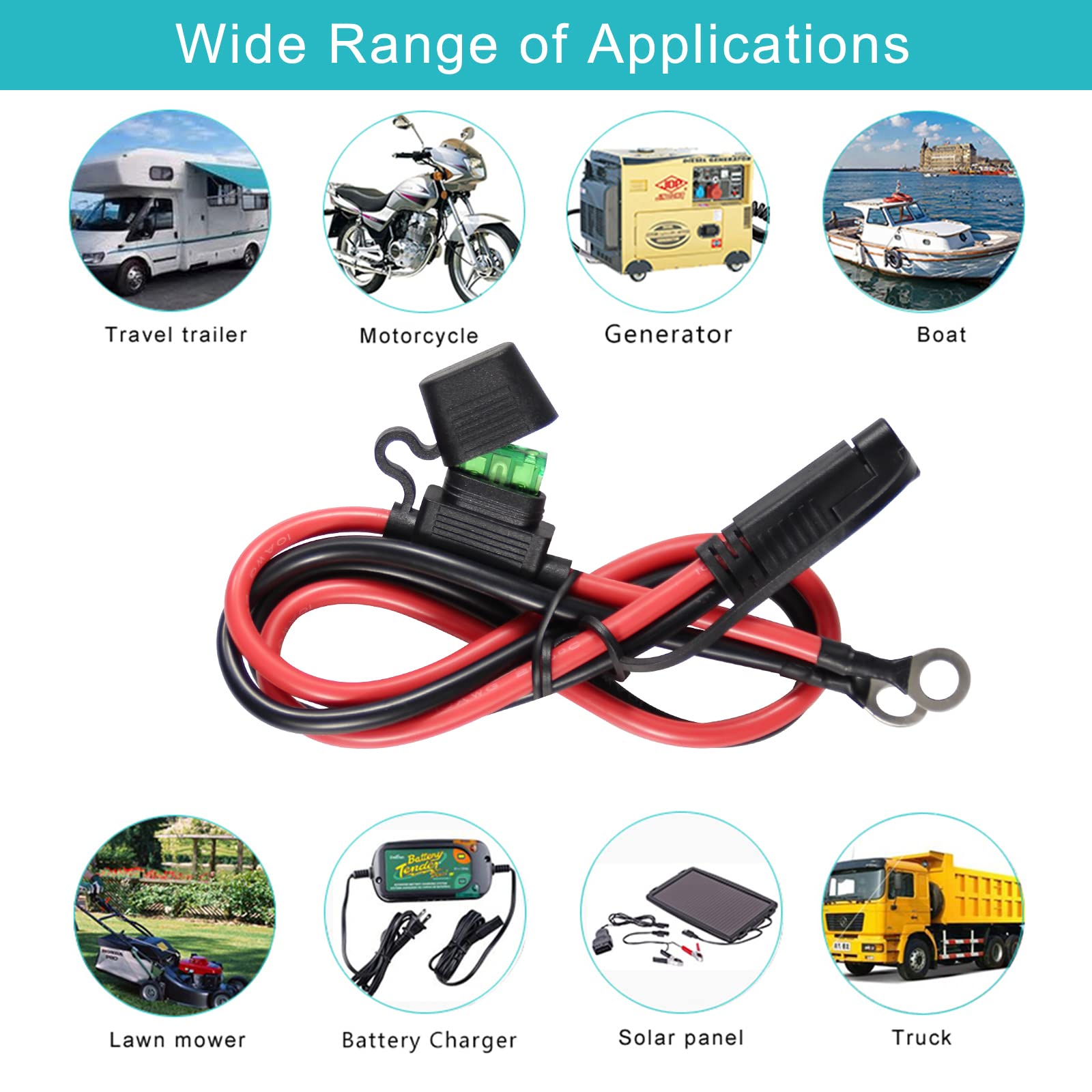 2FT SAE to O Ring Terminal Harness 10AWG - Eyelet O-Ring Terminal 10Gauge Harness with 30A Fuse,Battery Trickle Charger Cable for Motorcycle,SAE 2 Pin Connector Quick Connect/Disconnect Charging Cord - Image 7