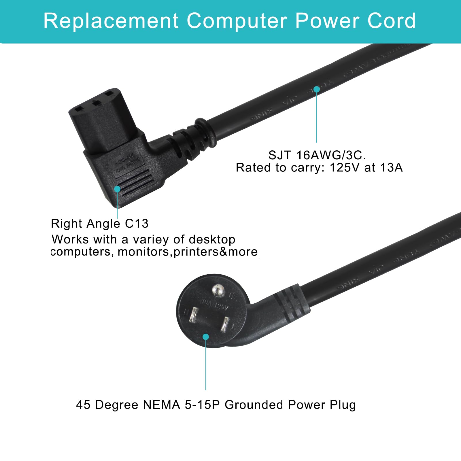 [2PACK] 2FT 90 Degree Replacement Computer Monitor Power Cord - Low Profile Flat Plug NEMA 5-15P to Right Angle C13 Power Cord, 13A 125V, 16AWG, Black Replacement Printer/TV/PC 3 Prong AC Cord - Image 7