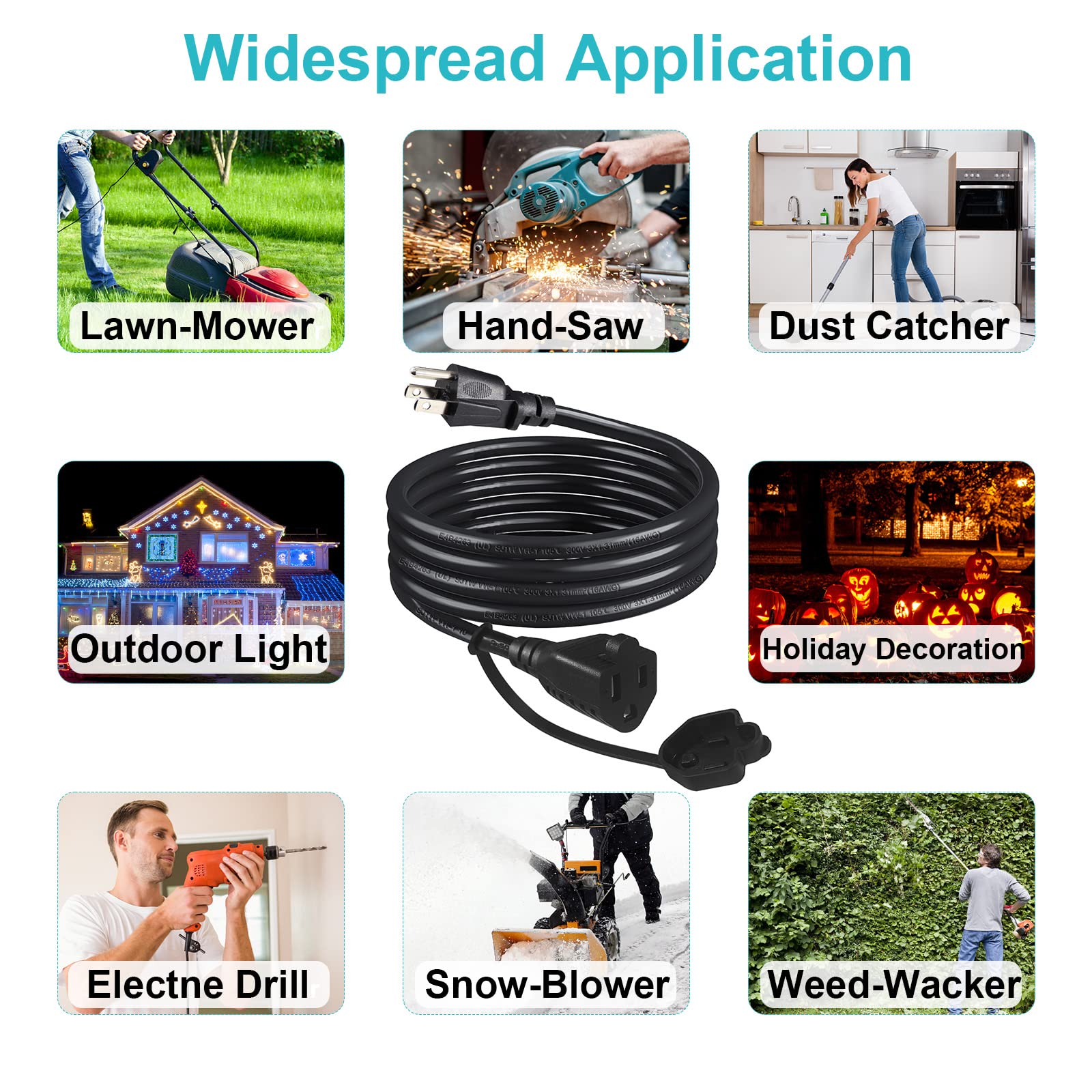 [2PACK] 3FT Black Outdoor Extension Cord Weatherproof - Weather Resistant Garden 3 Prong Grounded Electrical Lead, 16AWG SJTW Heavy Duty Outside Household External Extension Cable for Outdoor Lights - Image 6
