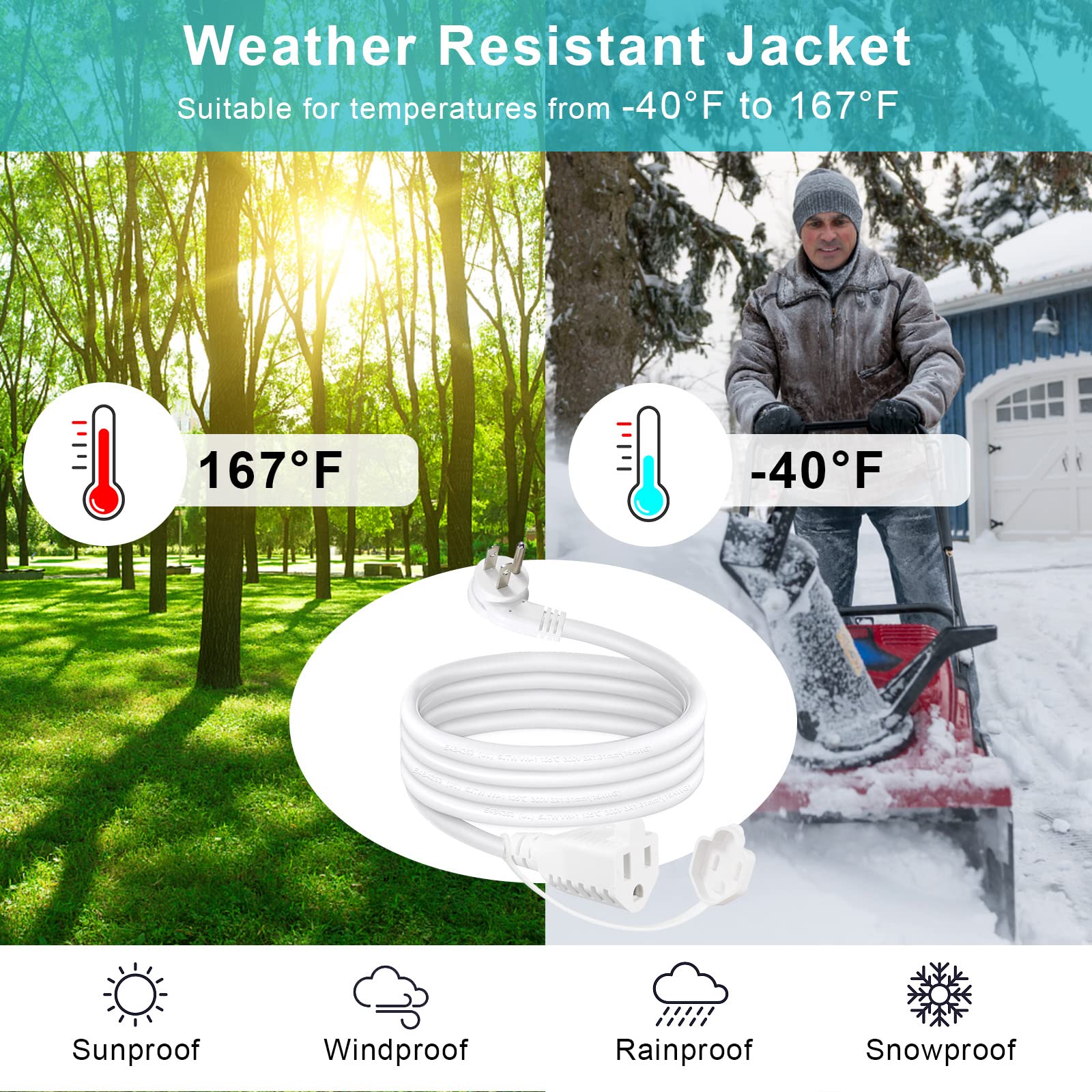 [2PACK] 3FT White Flat Plug Outdoor Extension Cord - Weatherproof Garden Low Profile Flat Plug 3 Prong Indoor Grounded Extension Cord, AC 16AWG SJTW Outside Household Flexible Extension Cable - Image 8