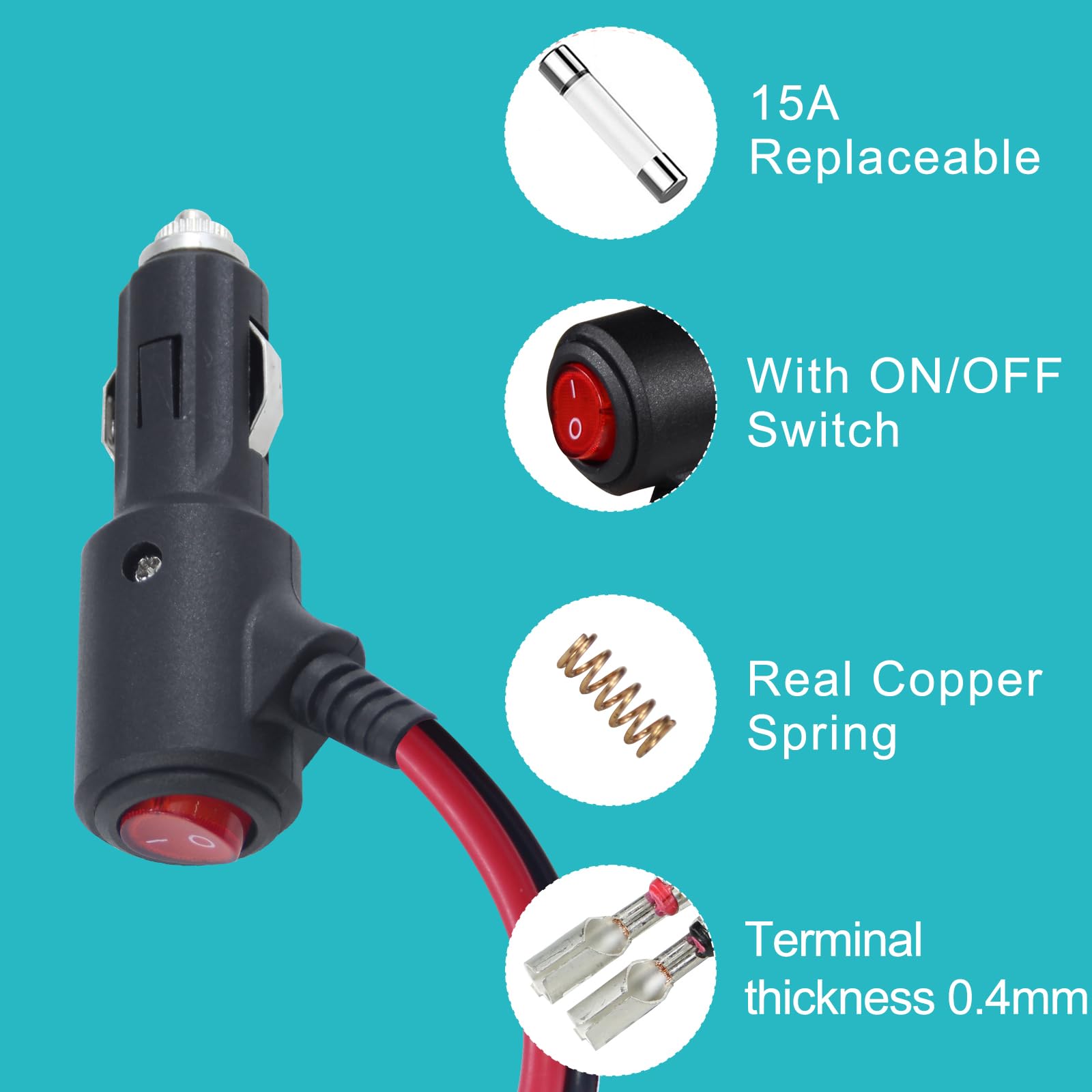 2PACK SPARKING 12volt Replacement Cigarette Lighter with Male Plug - 1FT 12Volt 15amp Lighter with On Off Switch, 16AWG 12v Plug with Lead for Car Cooler, Cb Radio, Air Compressor - Image 4