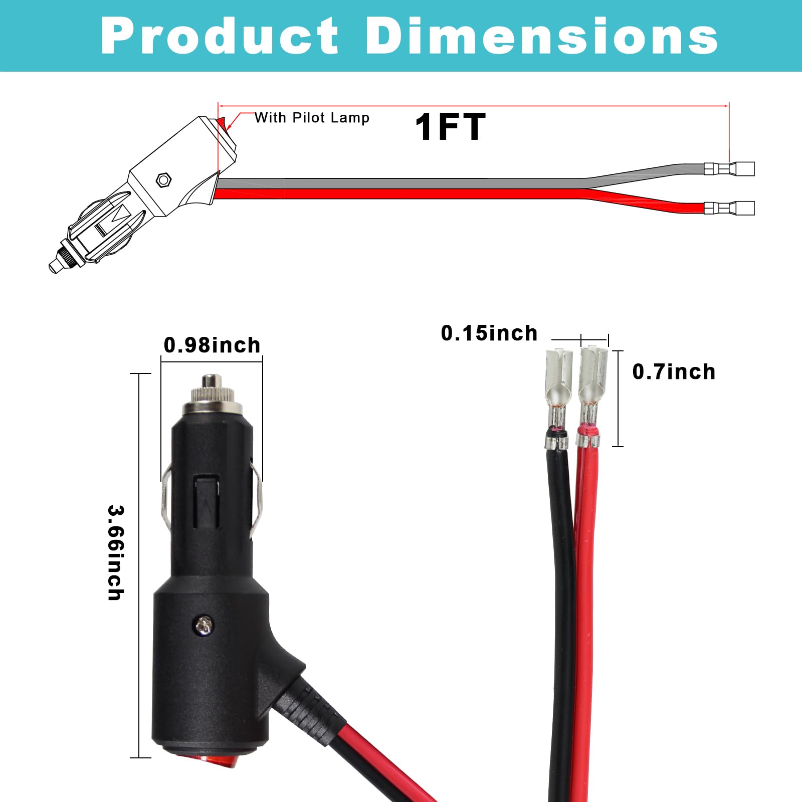 2PACK SPARKING 12volt Replacement Cigarette Lighter with Male Plug - 1FT 12Volt 15amp Lighter with On Off Switch, 16AWG 12v Plug with Lead for Car Cooler, Cb Radio, Air Compressor - Image 5