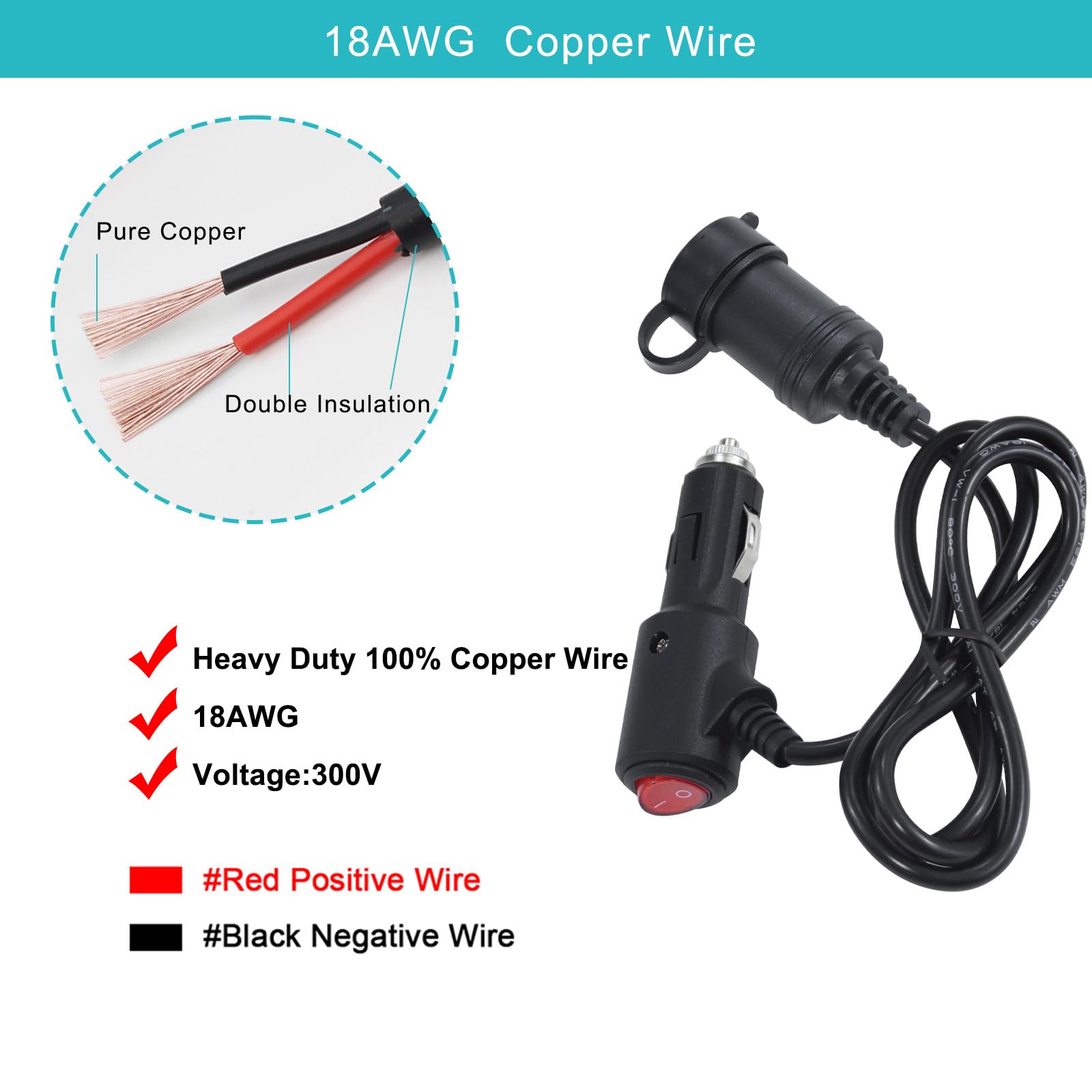 3FT Cigarette Lighter Extension Cord with On Off Switch - Car Cigarette Lighter Male Plug to Female Socket 18AWG Lighter Extension Cable with Dust Cap, Built-in 15A Fuse for Air Compressor - Image 5