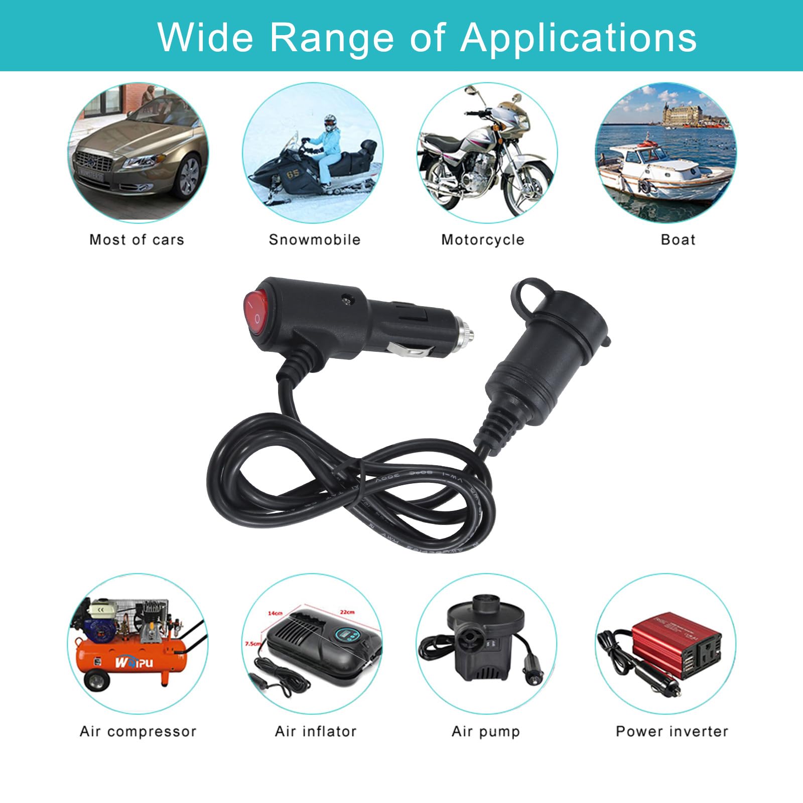 3FT Cigarette Lighter Extension Cord with On Off Switch - Car Cigarette Lighter Male Plug to Female Socket 18AWG Lighter Extension Cable with Dust Cap, Built-in 15A Fuse for Air Compressor - Image 7