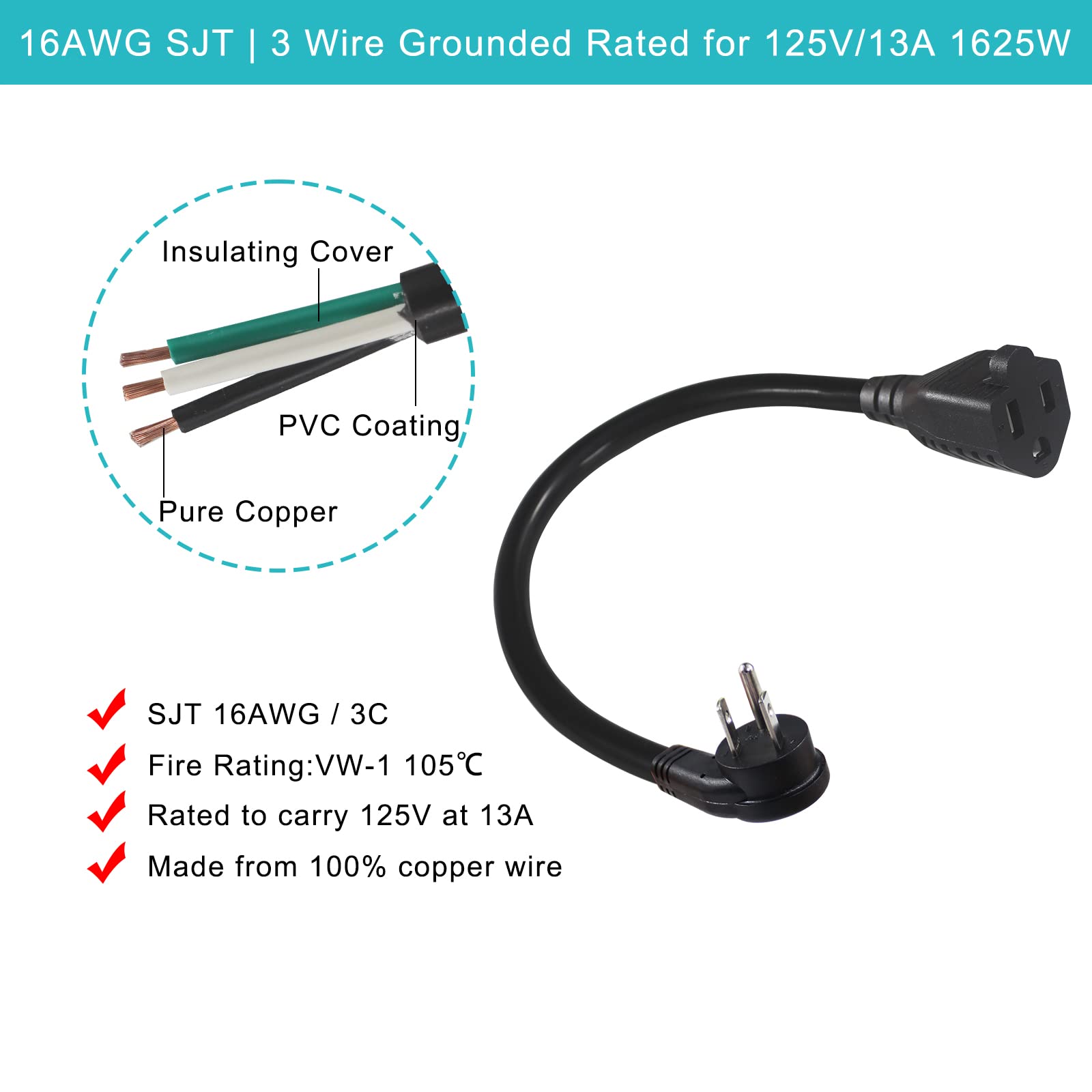 [5 Pack] Flat Plug Short Power Extension Cord - 8inch Low Profile Flat Plug 3 Prong Grounded Indoor Extension Cord, Rated for 13AMP,16AWG Heavy Duty Black Electrical Extension Cord with Flat Head - Image 5