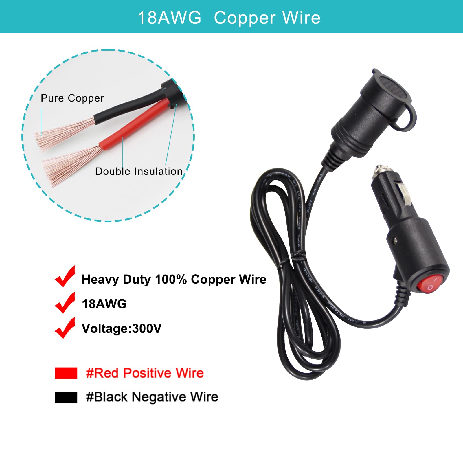 5FT Cigarette Lighter Extension Cord with On Off Switch - Car Cigarette Lighter Male Plug to Female Socket 18AWG Heavy Duty Extension Cable with Switch Built-in 15A Fuse for Air Compressor Pump - Image 3