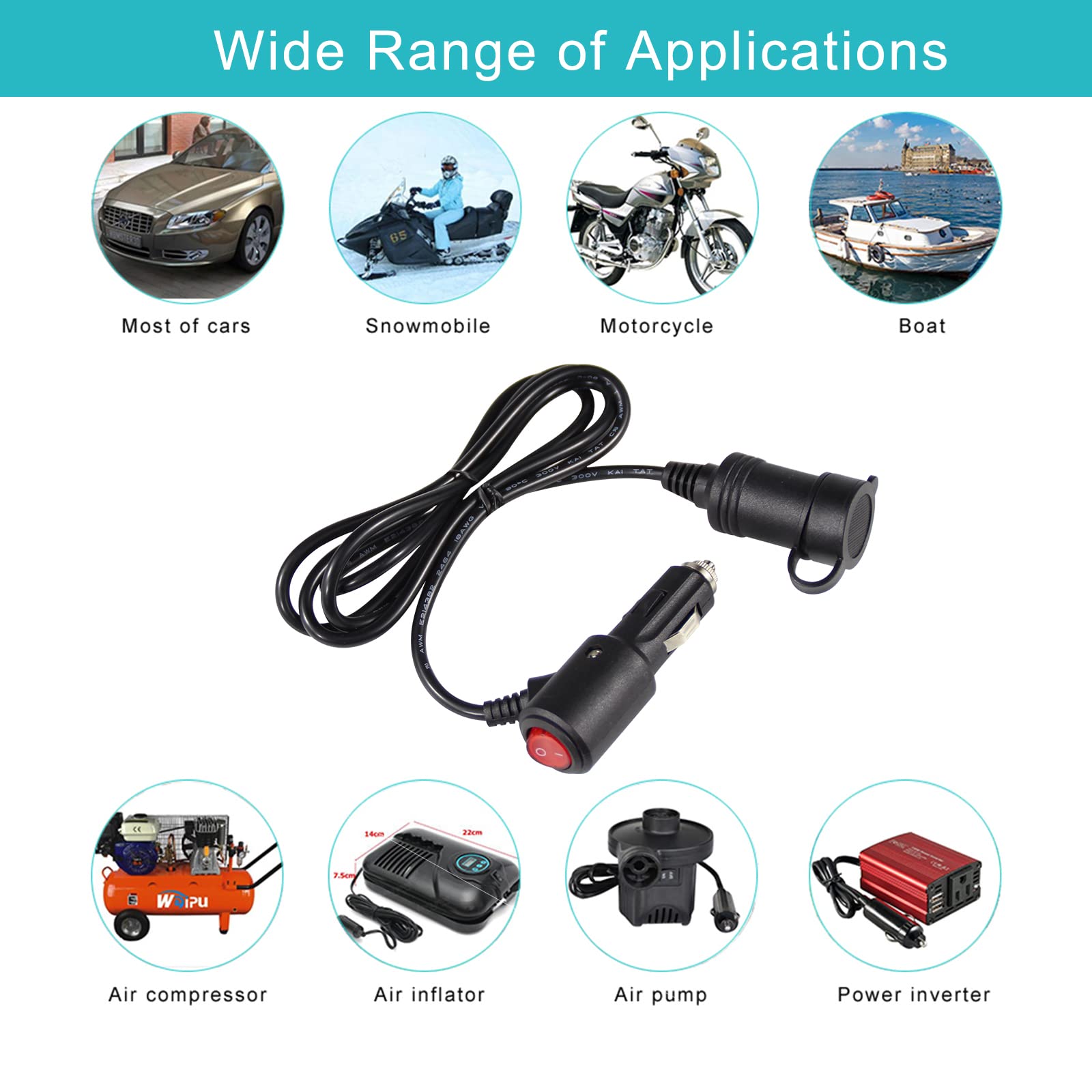 5FT Cigarette Lighter Extension Cord with On Off Switch - Car Cigarette Lighter Male Plug to Female Socket 18AWG Heavy Duty Extension Cable with Switch Built-in 15A Fuse for Air Compressor Pump - Image 7