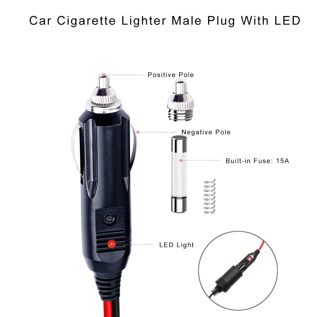 [5PACK] 12V 15amp Fuse Replacement Cigarette Lighter Male Plug With Lead - Car Charger Heavy Duty Replacement Kit for 12V DC Auto Battery Charger - Image 3