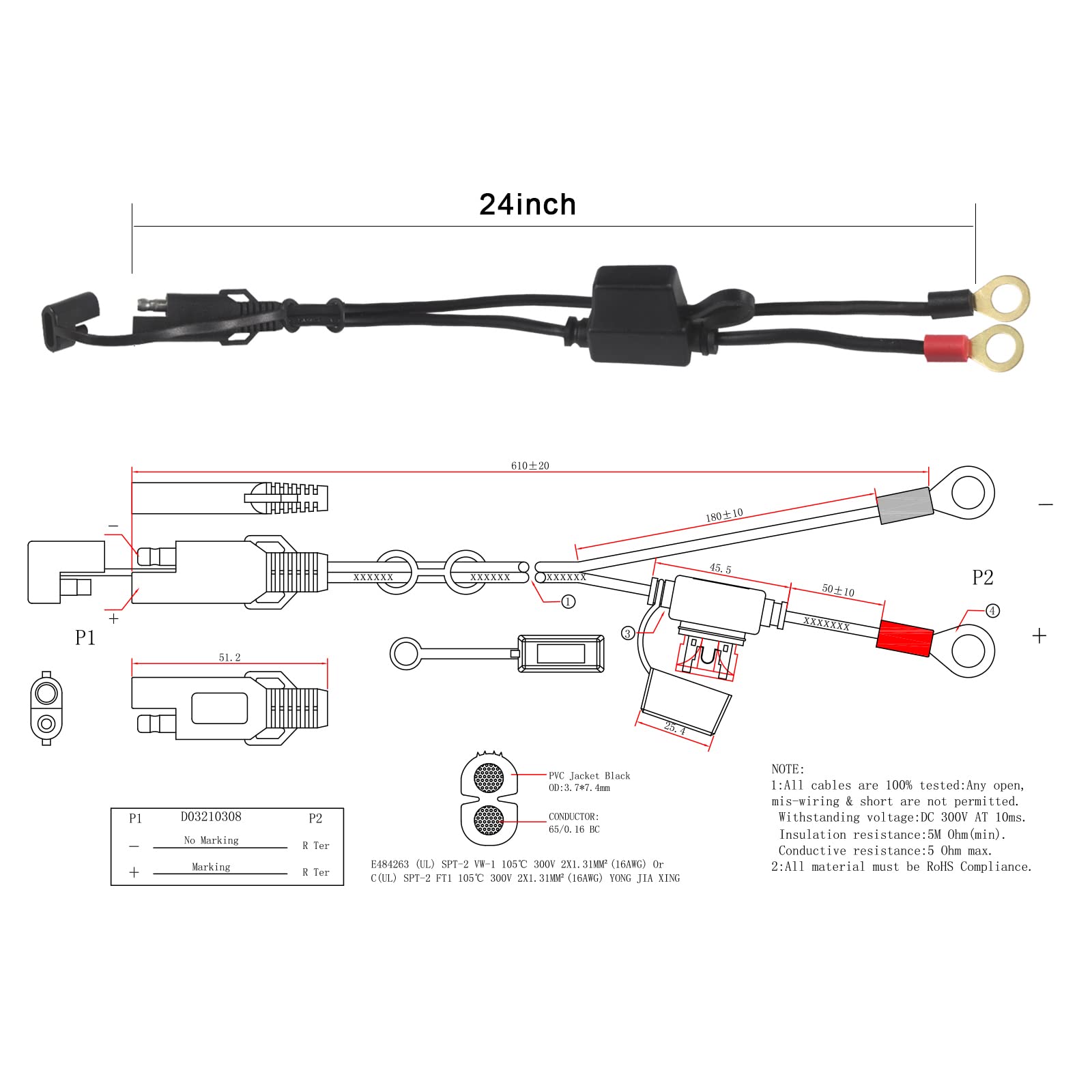[ 1 PACK] Sae to O Ring Terminal Harness 2FT - Sae Eyelet Ring Terminal Cable 16awg Motorcycle Battery Trickle Charger Extension Cord with Sae Battery Terminal Quick Connect Disconnect Connector - Image 3