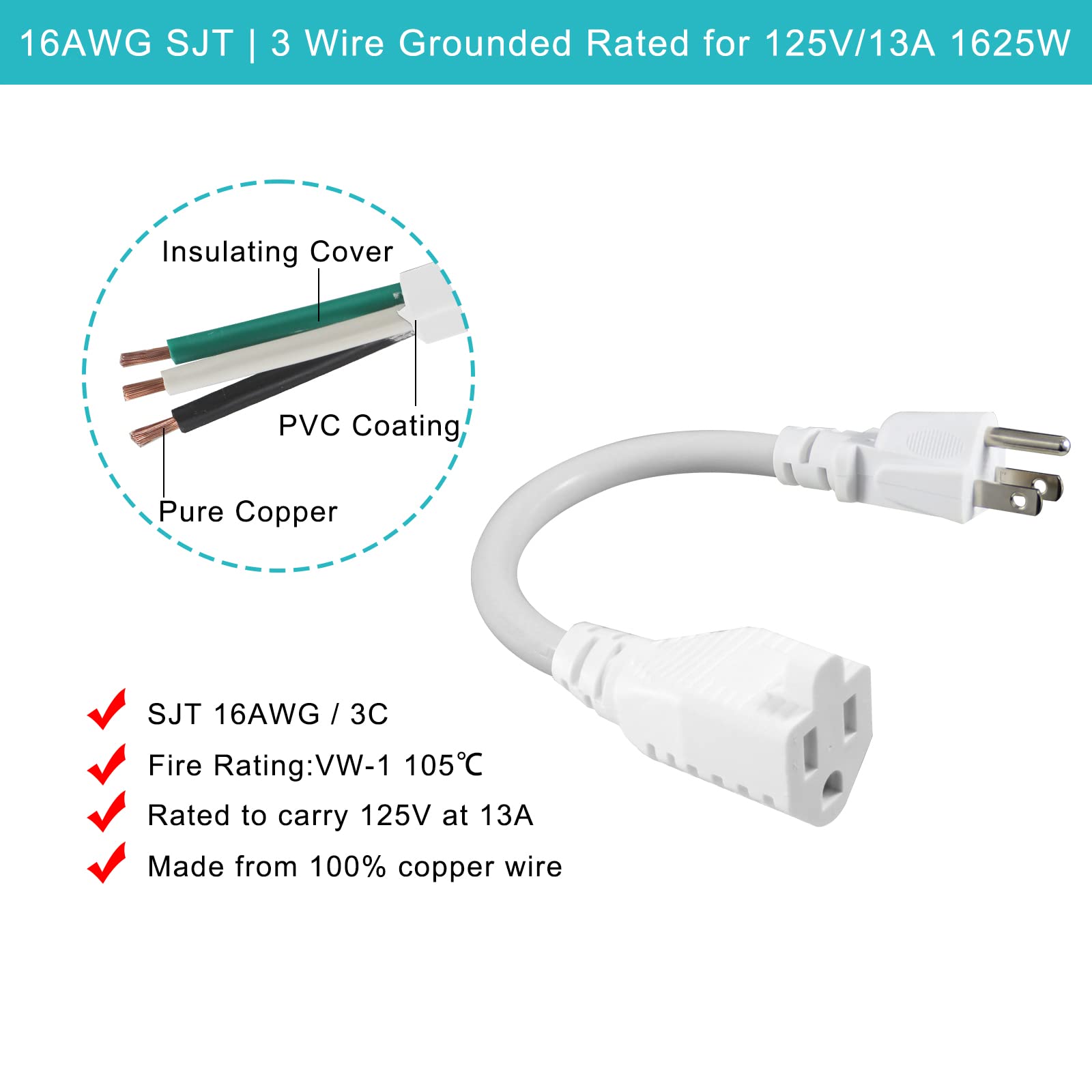 [6 Pack] White Short Power Extension Cord - 6inch 3 Prong Mini Indoor Grounded Extension Cord,16AWG Small Electrical AC Extension Cord for Outlet Saver,Rated for 13AMP Home Appliance Extender Lead - Image 4