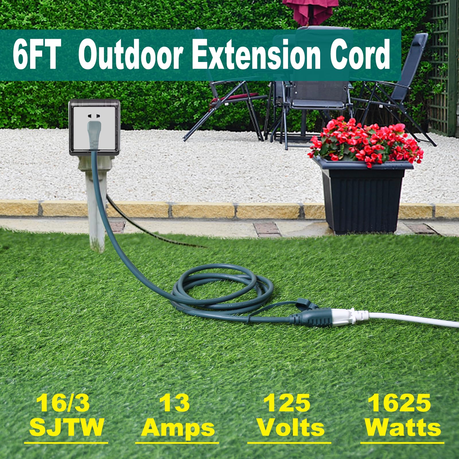 6FT Green Outdoor Extension Cord for Christmas Light - 16AWG Cold Weather Outdoor Extension Cord, SJTW Extension Cable with 90 Degree Flat Plug, External Waterproof Extension Cord for Outdoor Light - Image 2