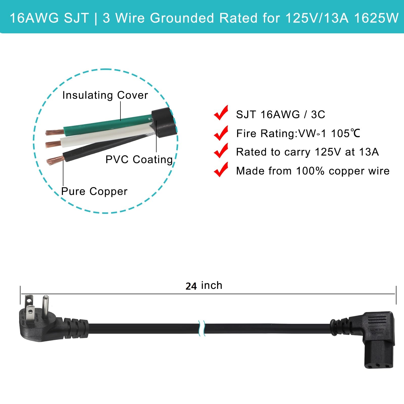90 Degree Power Cord - 2FT Right Angle IEC, Universal PC Power Supply, 16AWG, Black NEMA 5-15P Angle Type to C13 3 Prong Angled AC Power Cord for PC Monitor/TV - Image 3