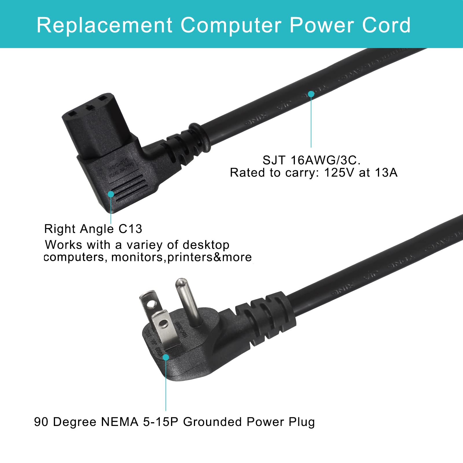 90 Degree Power Cord - 2FT Right Angle IEC, Universal PC Power Supply, 16AWG, Black NEMA 5-15P Angle Type to C13 3 Prong Angled AC Power Cord for PC Monitor/TV - Image 4
