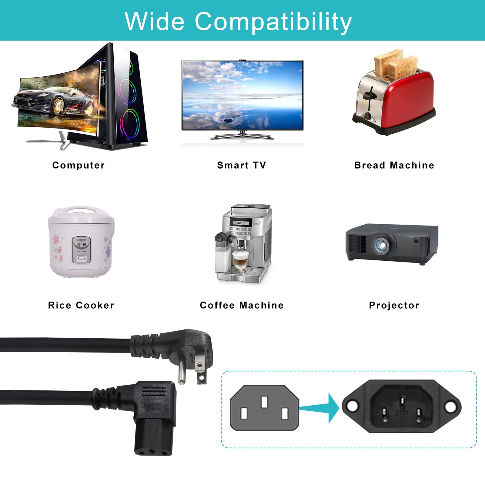 90 Degree Power Cord - 2FT Right Angle IEC, Universal PC Power Supply, 16AWG, Black NEMA 5-15P Angle Type to C13 3 Prong Angled AC Power Cord for PC Monitor/TV - Image 7