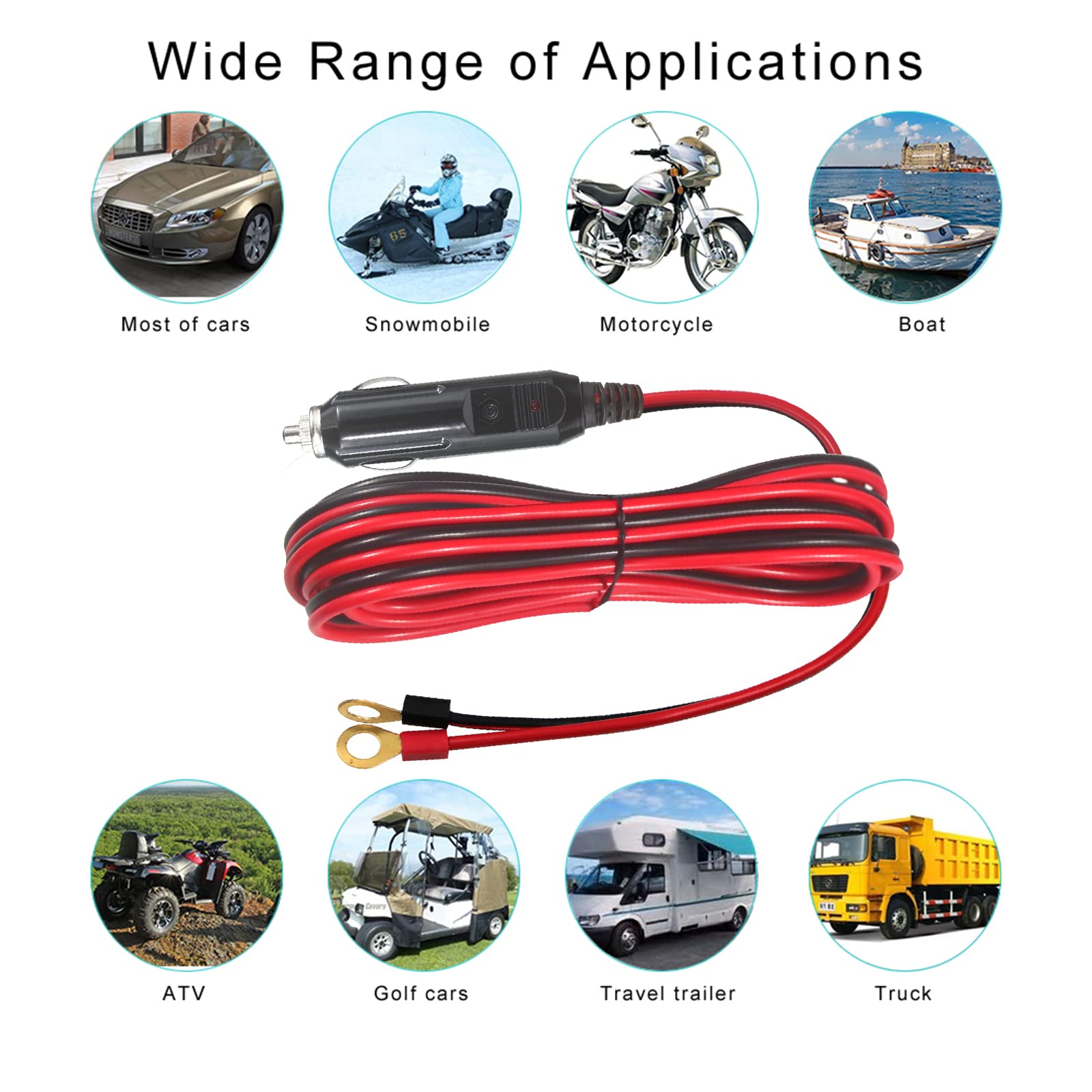 Male Cigarette Lighter Plug to Eyelet Terminals 12v 10FT - 12v Cigarette Lighter Male Plug Extension Cable with Battery Eyelet Terminal Connector 16awg Heavy Duty Power Supply Cord for Power Inverter - Image 6