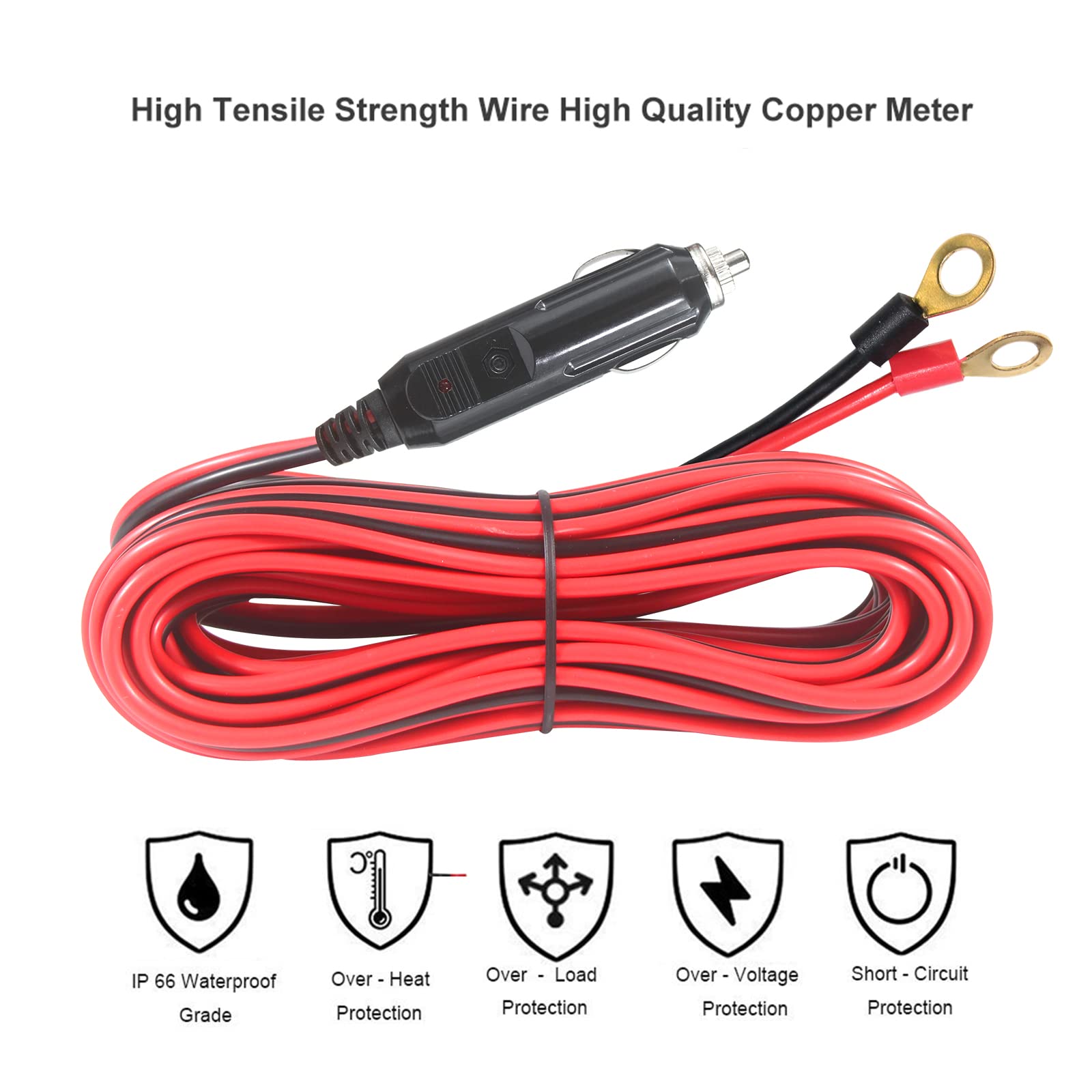 Male Cigarette Lighter Plug to Eyelet Terminals 12v 10FT - 12v Cigarette Lighter Male Plug Extension Cable with Battery Eyelet Terminal Connector 16awg Heavy Duty Power Supply Cord for Power Inverter - Image 7