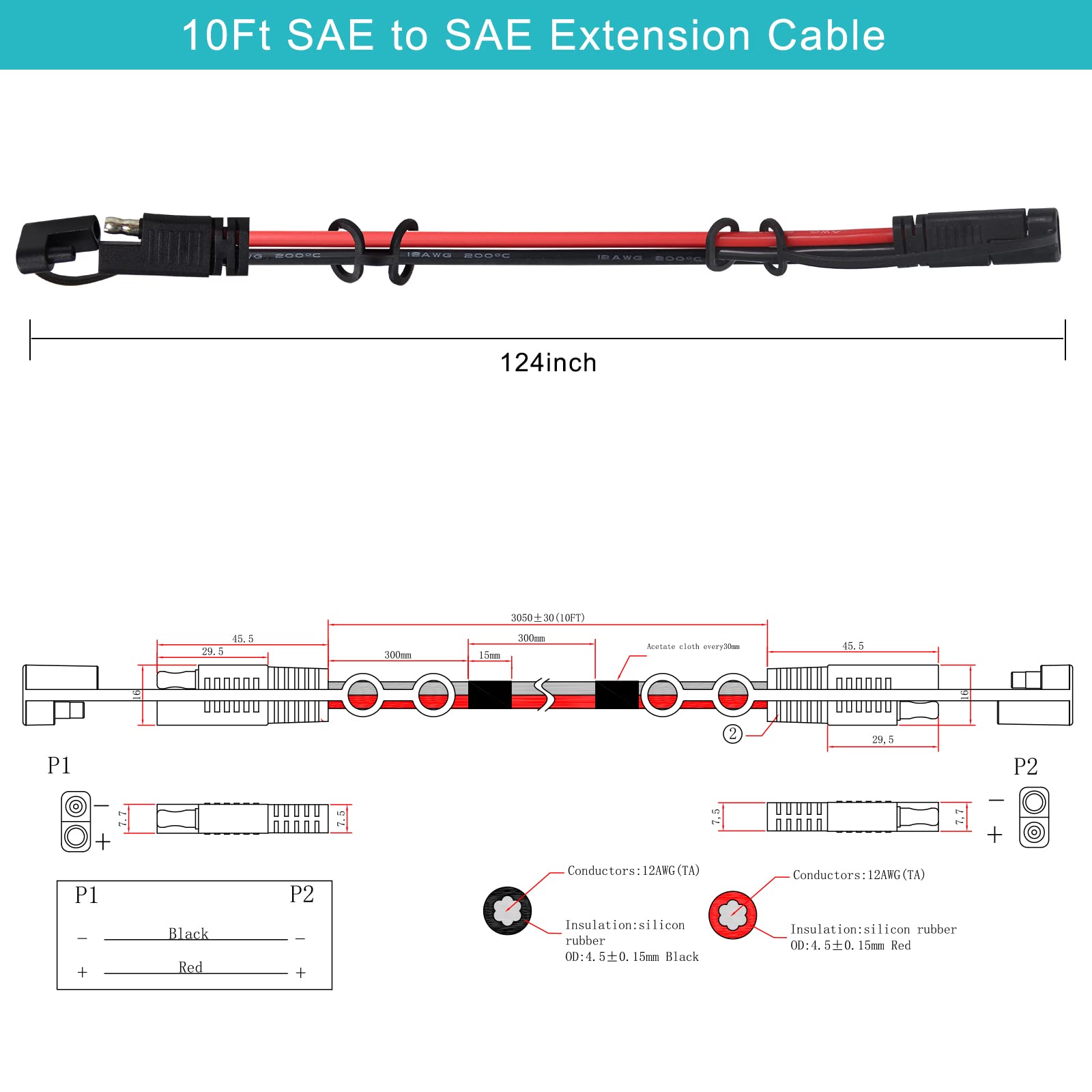 SAE Extension Cable 12AWG - 10FT SAE to SAE Extension Cord, SAE Connector Quick Disconnect Wire Harness, SAE Power Automotive Extension Cable for Trolling Motor RV Battery Motorcycle Cars Tractor - Image 4
