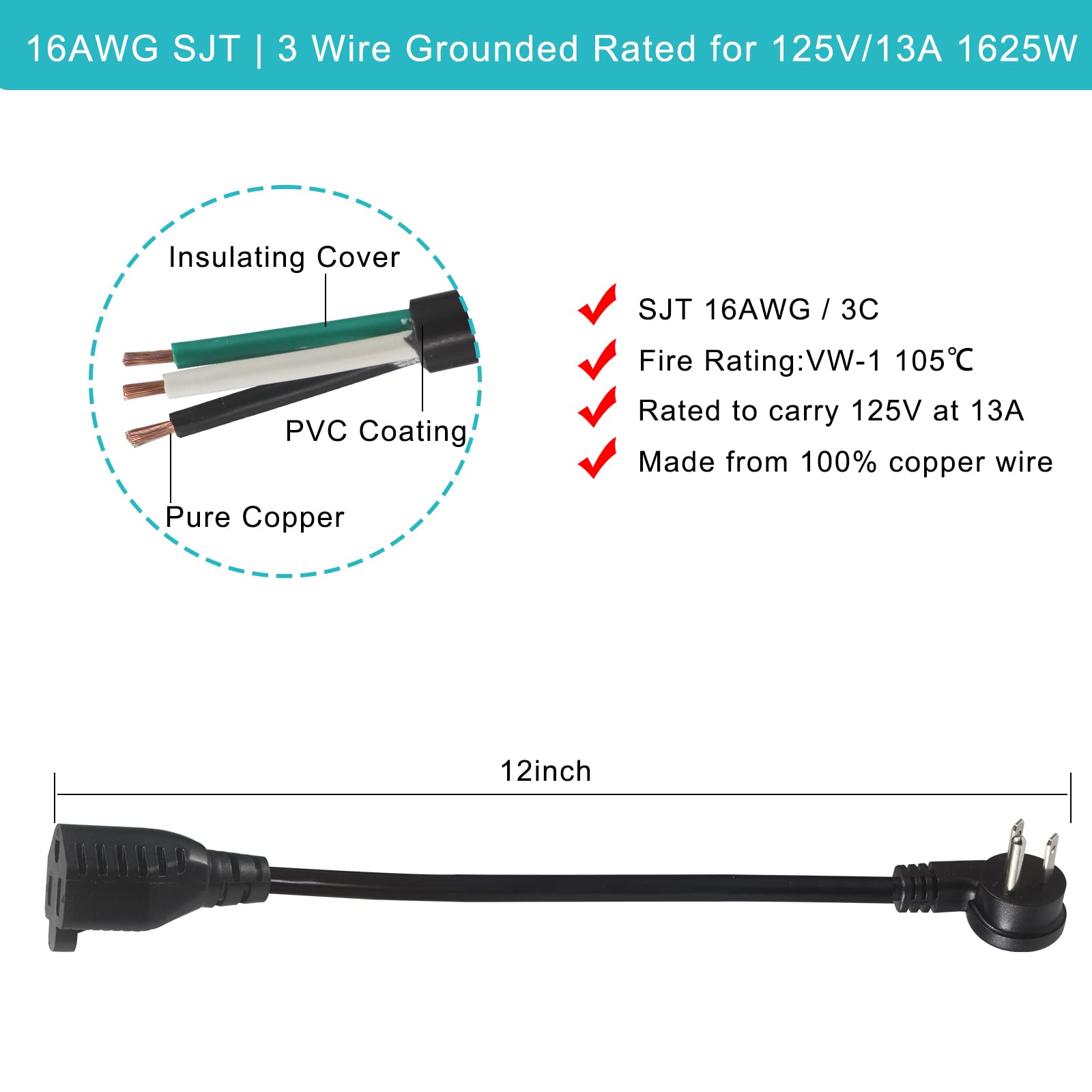 Short Flat Plug Extension Cord 1 Foot- Low Profile Angle Flat Plug Ground 1FT Indoor AC Extension Cord Short 3 Prong Grounded Extension Cord SJT 16AWG Heavy Duty Flexible Power Cord (1 Pack) - Image 2