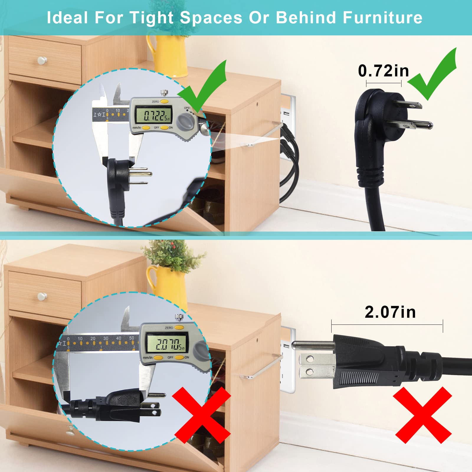 Short Flat Plug Extension Cord 1 Foot- Low Profile Angle Flat Plug Ground 1FT Indoor AC Extension Cord Short 3 Prong Grounded Extension Cord SJT 16AWG Heavy Duty Flexible Power Cord (1 Pack) - Image 4