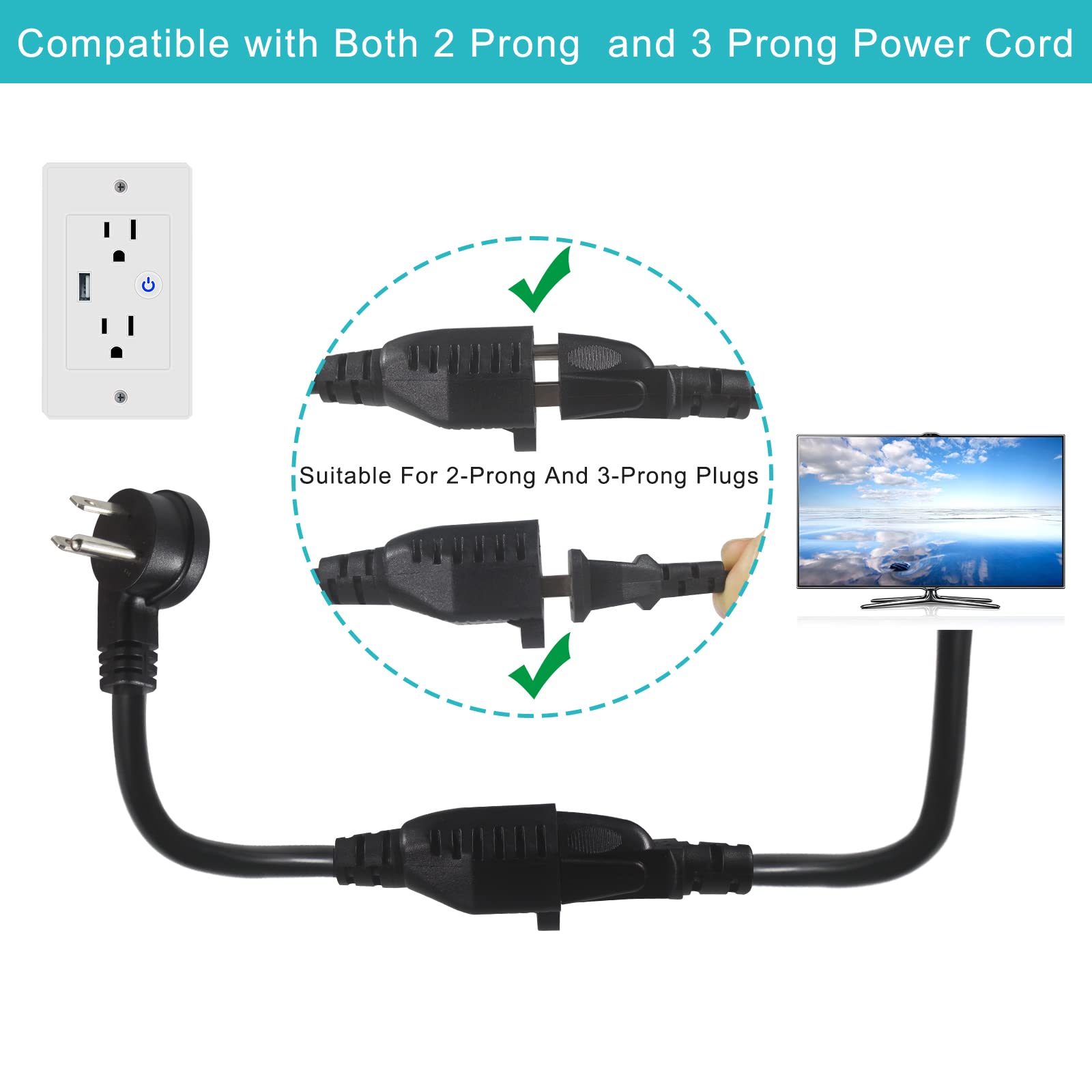 Short Flat Plug Extension Cord 1 Foot- Low Profile Angle Flat Plug Ground 1FT Indoor AC Extension Cord Short 3 Prong Grounded Extension Cord SJT 16AWG Heavy Duty Flexible Power Cord (1 Pack) - Image 6