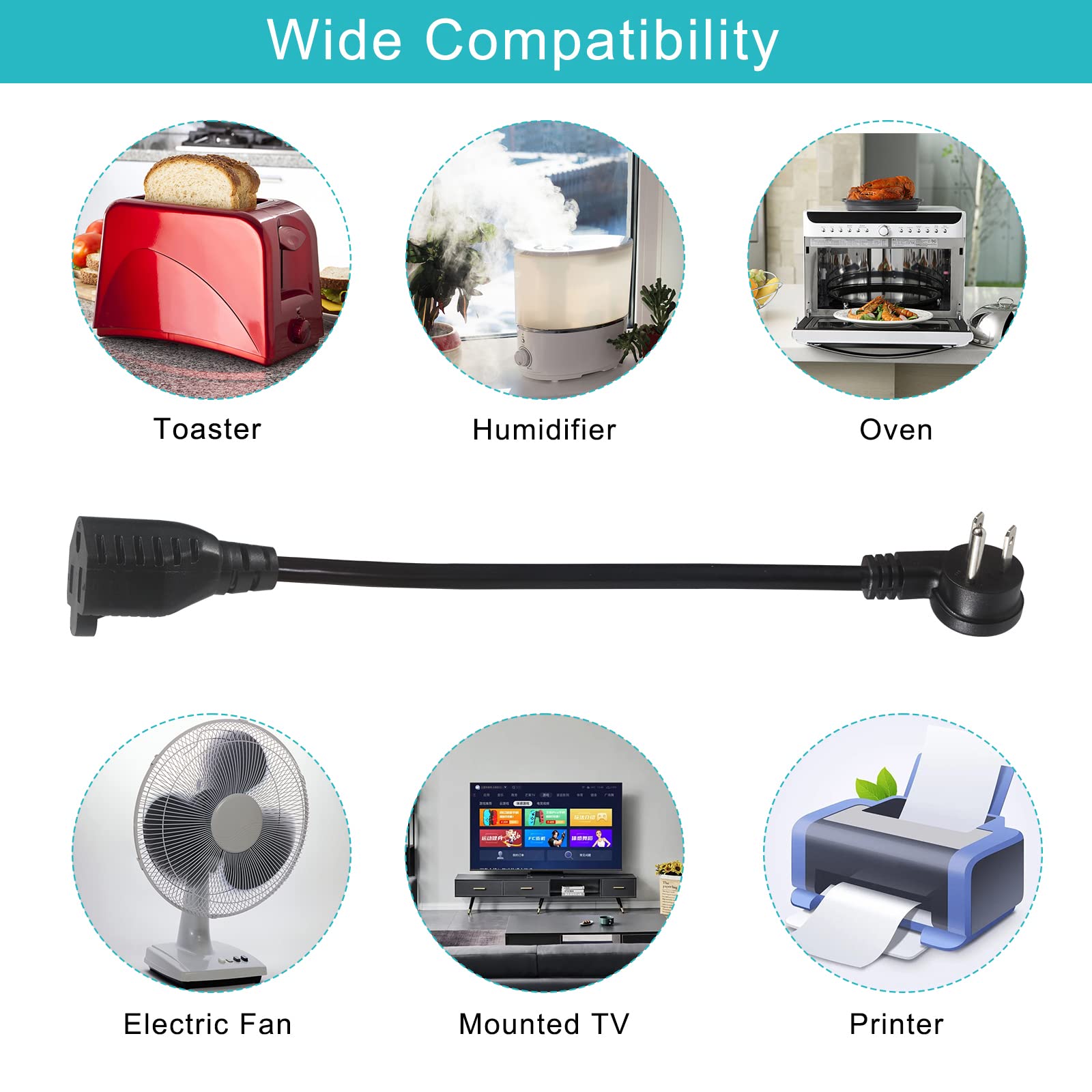 Short Flat Plug Extension Cord 1 Foot- Low Profile Angle Flat Plug Ground 1FT Indoor AC Extension Cord Short 3 Prong Grounded Extension Cord SJT 16AWG Heavy Duty Flexible Power Cord (1 Pack) - Image 7