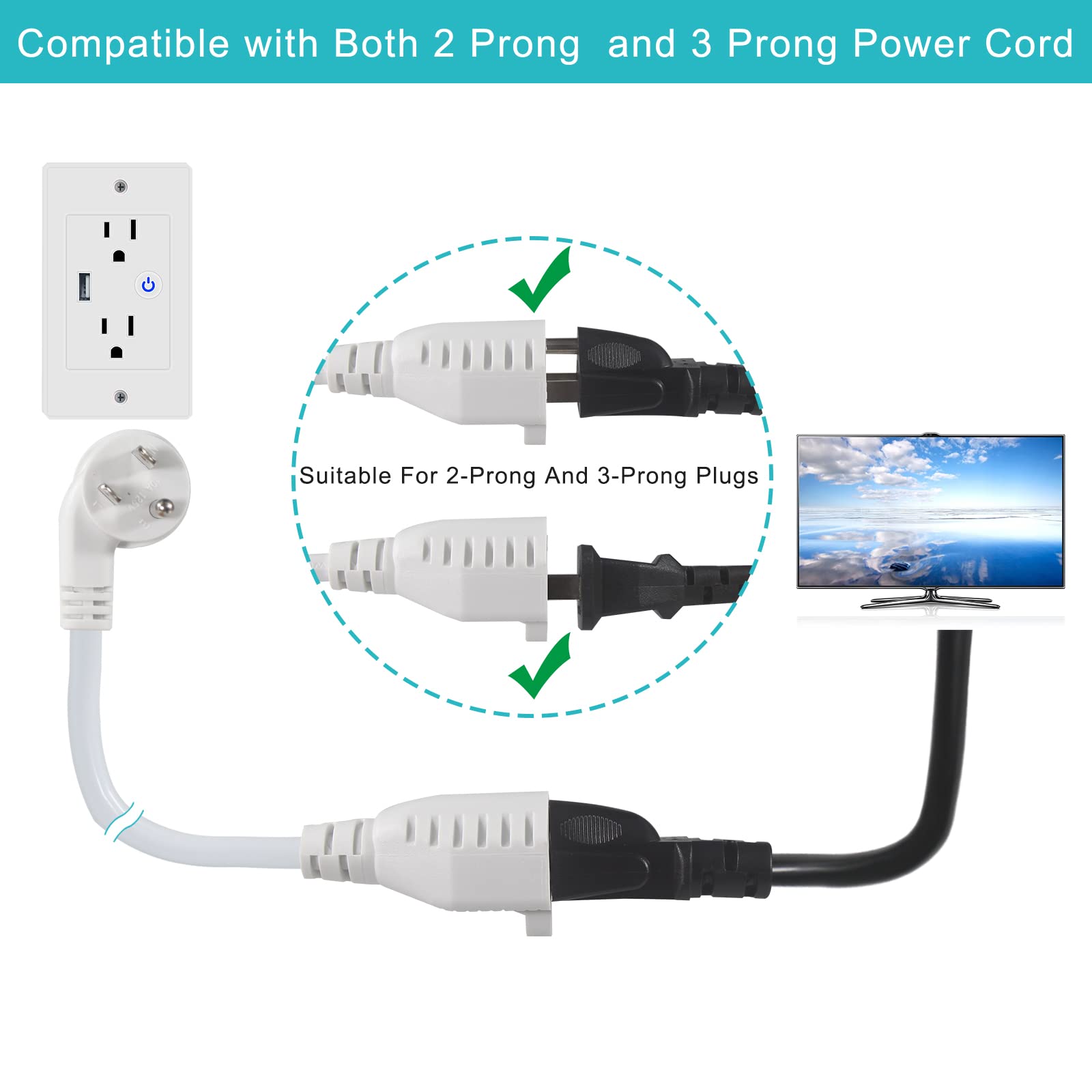 Short Power Extension Cord 1FT - Right Angle Flat Head Extension Cord with 3 Prong White Low Profile Flat Plug 3 Prong Power Cable Single Grounded SJT 16AWG Flexible Power Cord (3 Pack) - Image 5